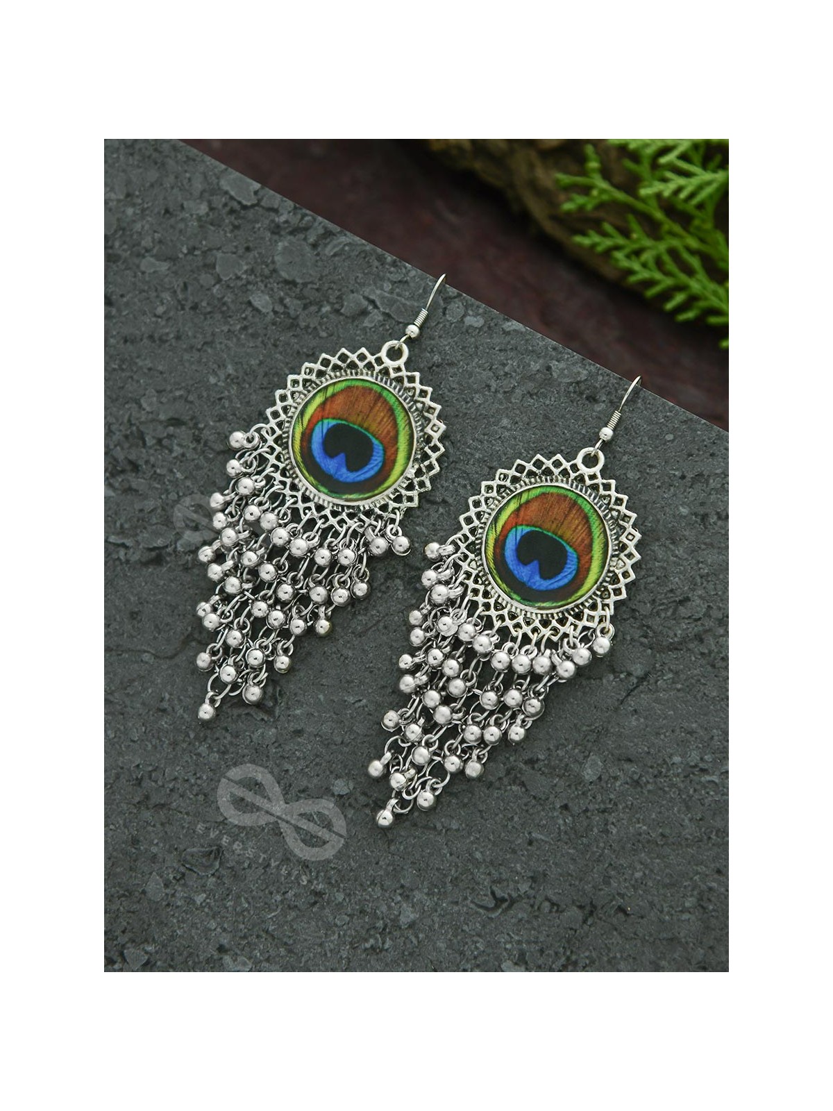 The Peacock Feather Jhallars - Oxidised Boho Earrings