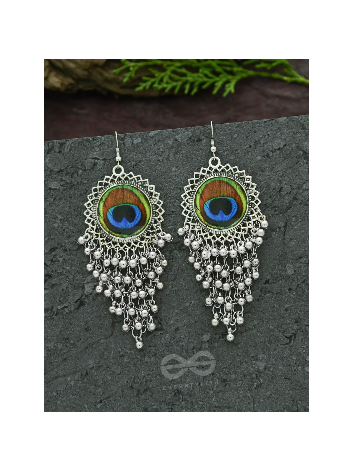 The Peacock Feather Jhallars - Oxidised Boho Earrings