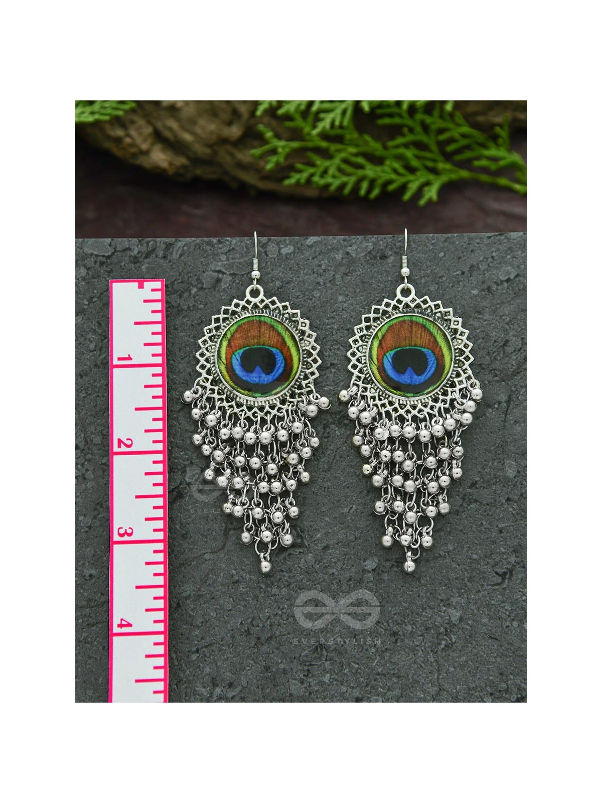 The Peacock Feather Jhallars - Oxidised Boho Earrings