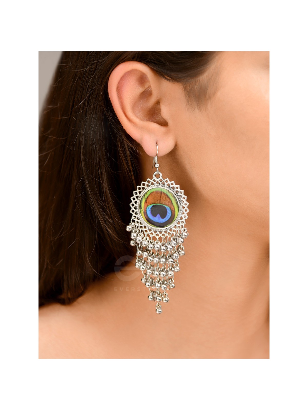 The Peacock Feather Jhallars - Oxidised Boho Earrings