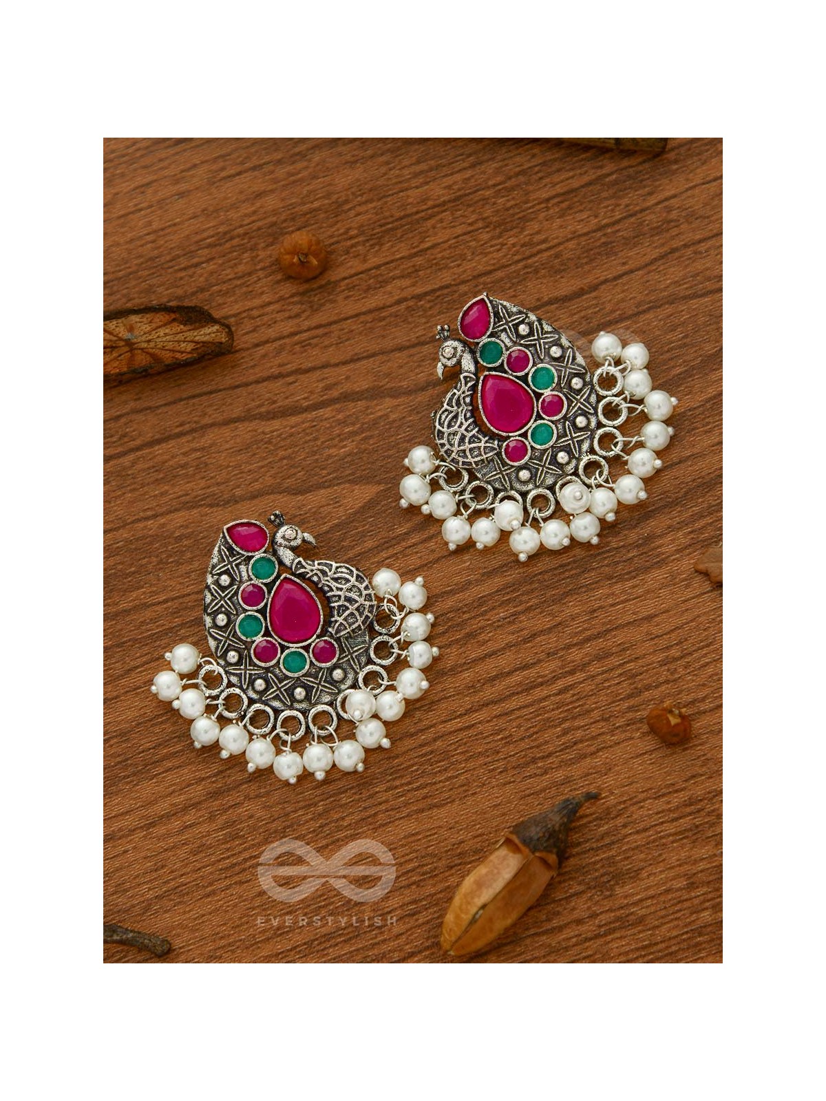 The Perky Peacock- Oxidised Enamelled Earrings