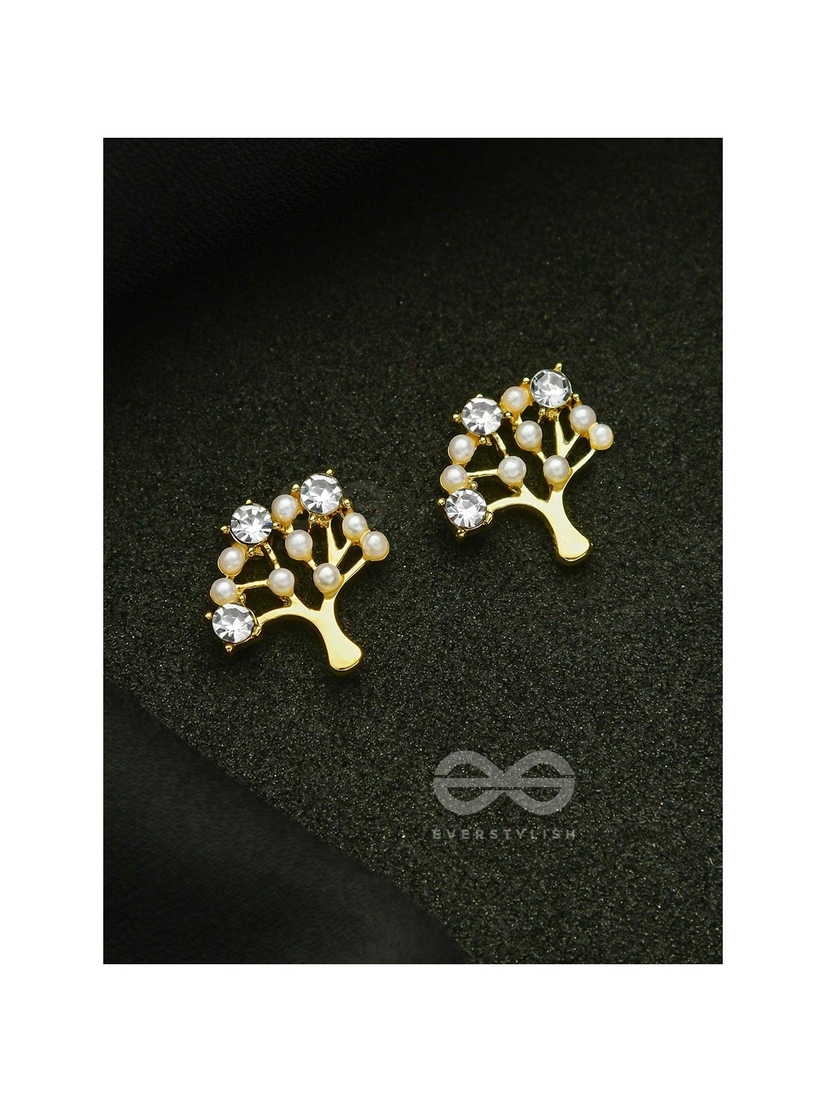 Majestic Bonsai- Pearls and Stones Studded Golden Earrings