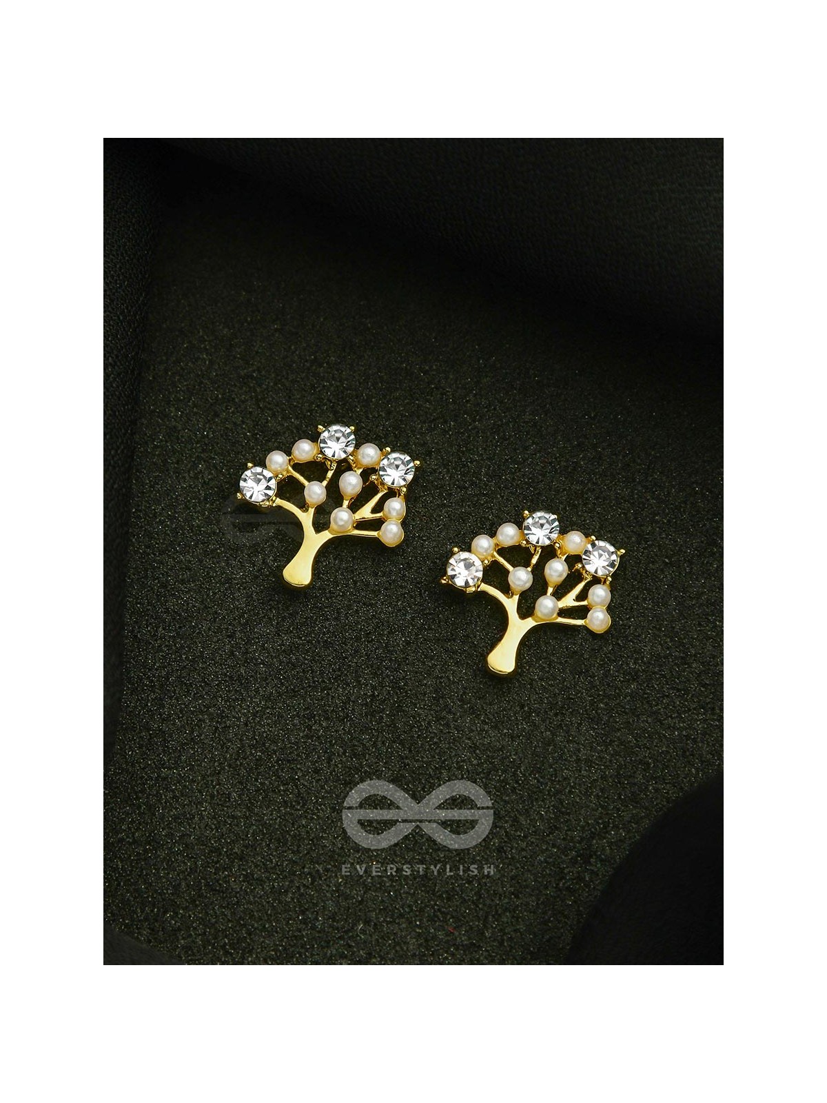 Majestic Bonsai- Pearls and Stones Studded Golden Earrings