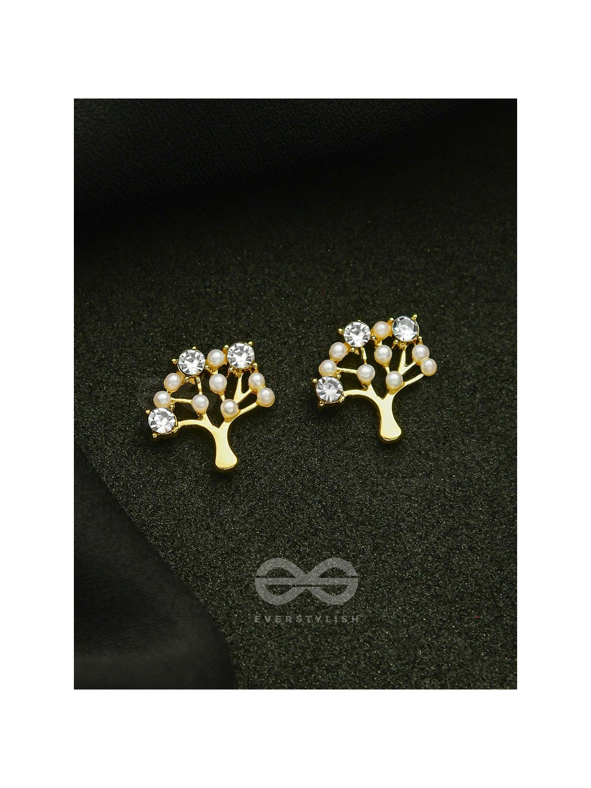 Majestic Bonsai- Pearls and Stones Studded Golden Earrings