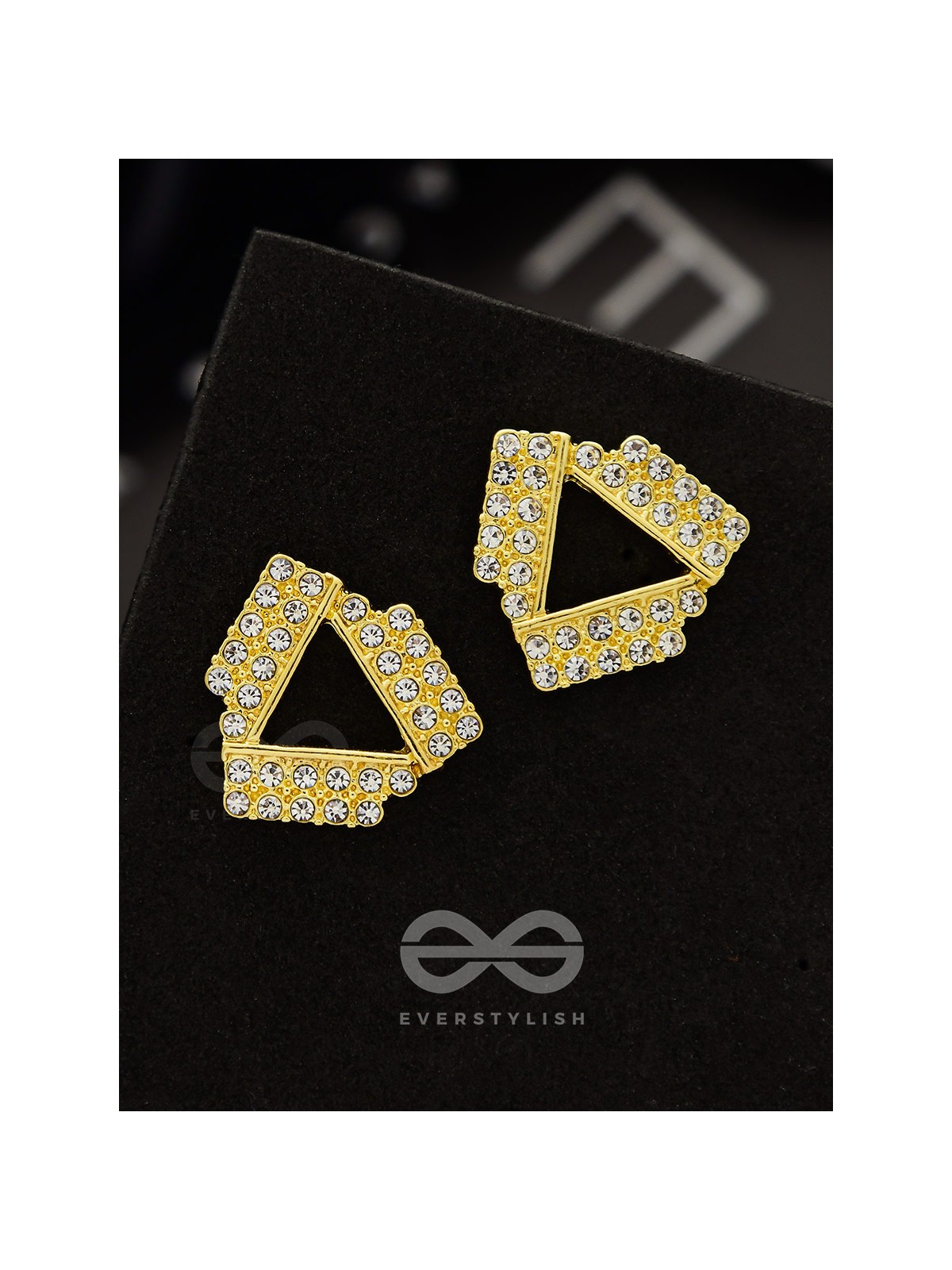 Twisted Triangles- Rhinestones Encrusted Golden Earrings