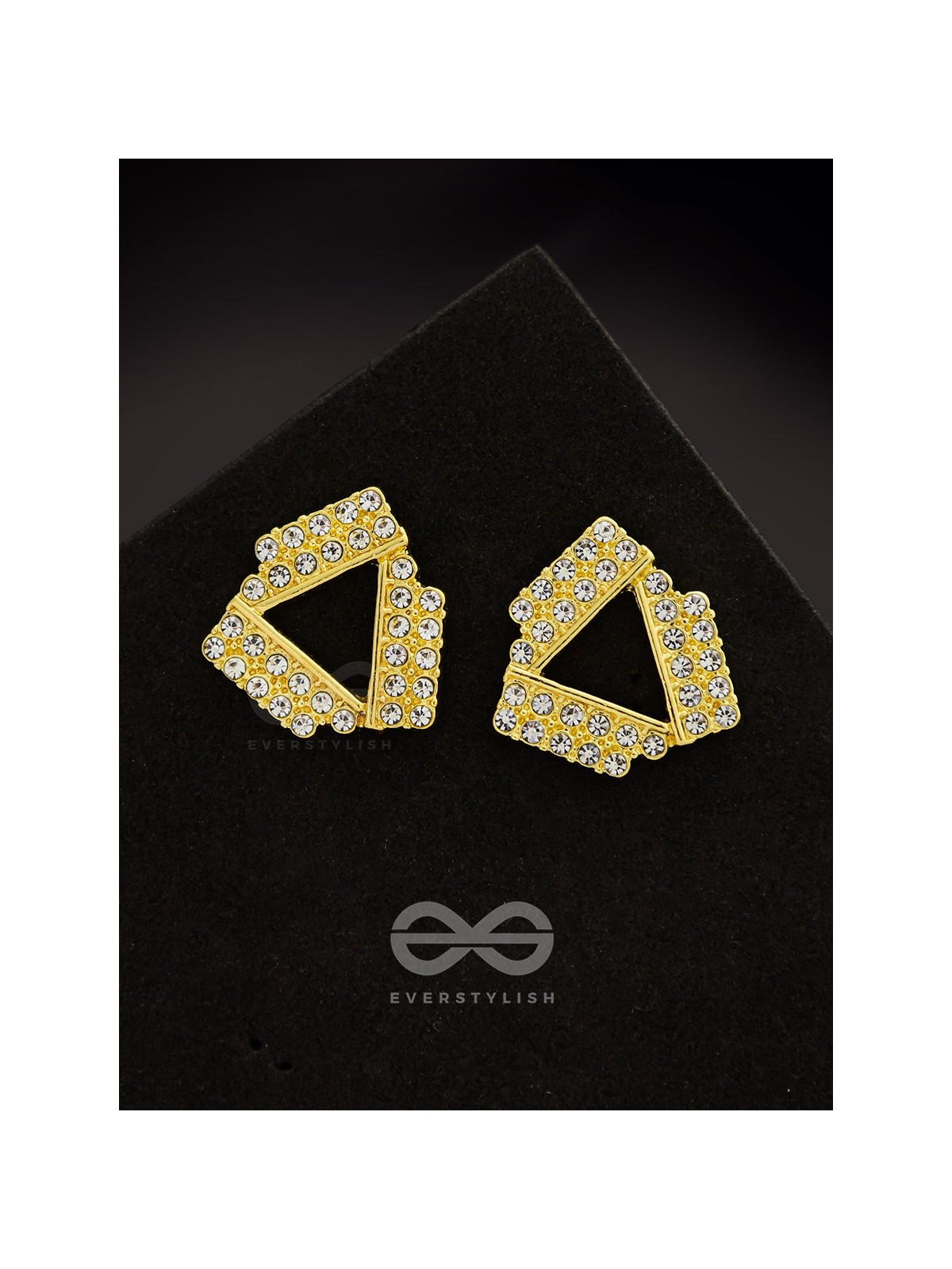 Twisted Triangles- Rhinestones Encrusted Golden Earrings