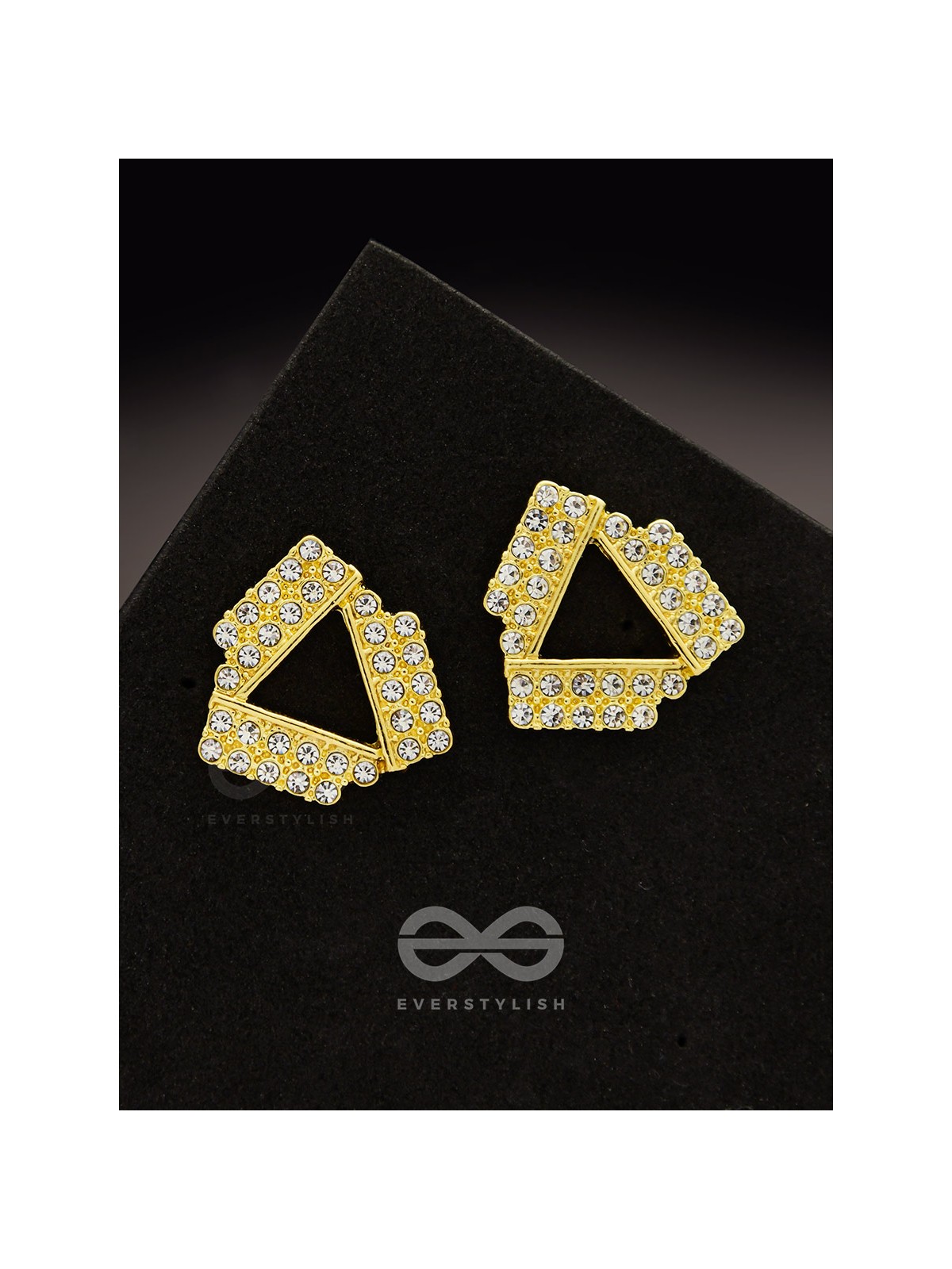 Twisted Triangles- Rhinestones Encrusted Golden Earrings