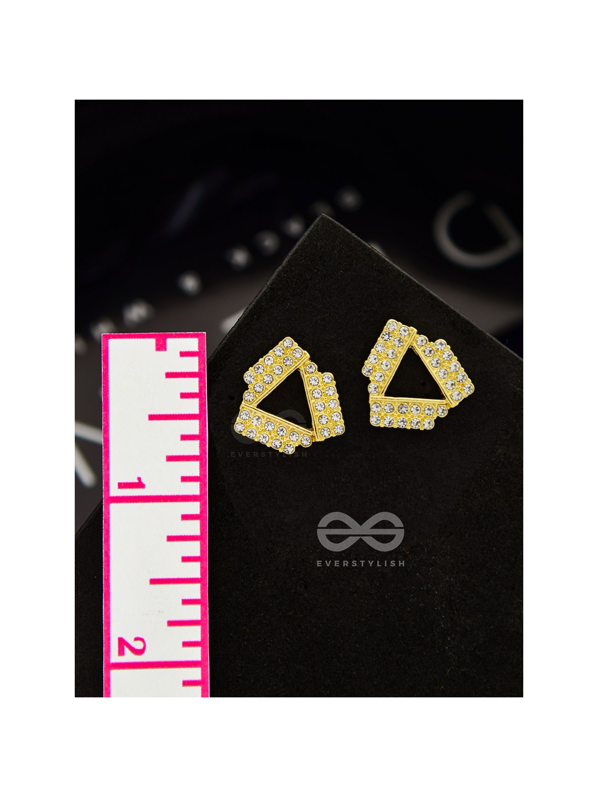 Twisted Triangles- Rhinestones Encrusted Golden Earrings