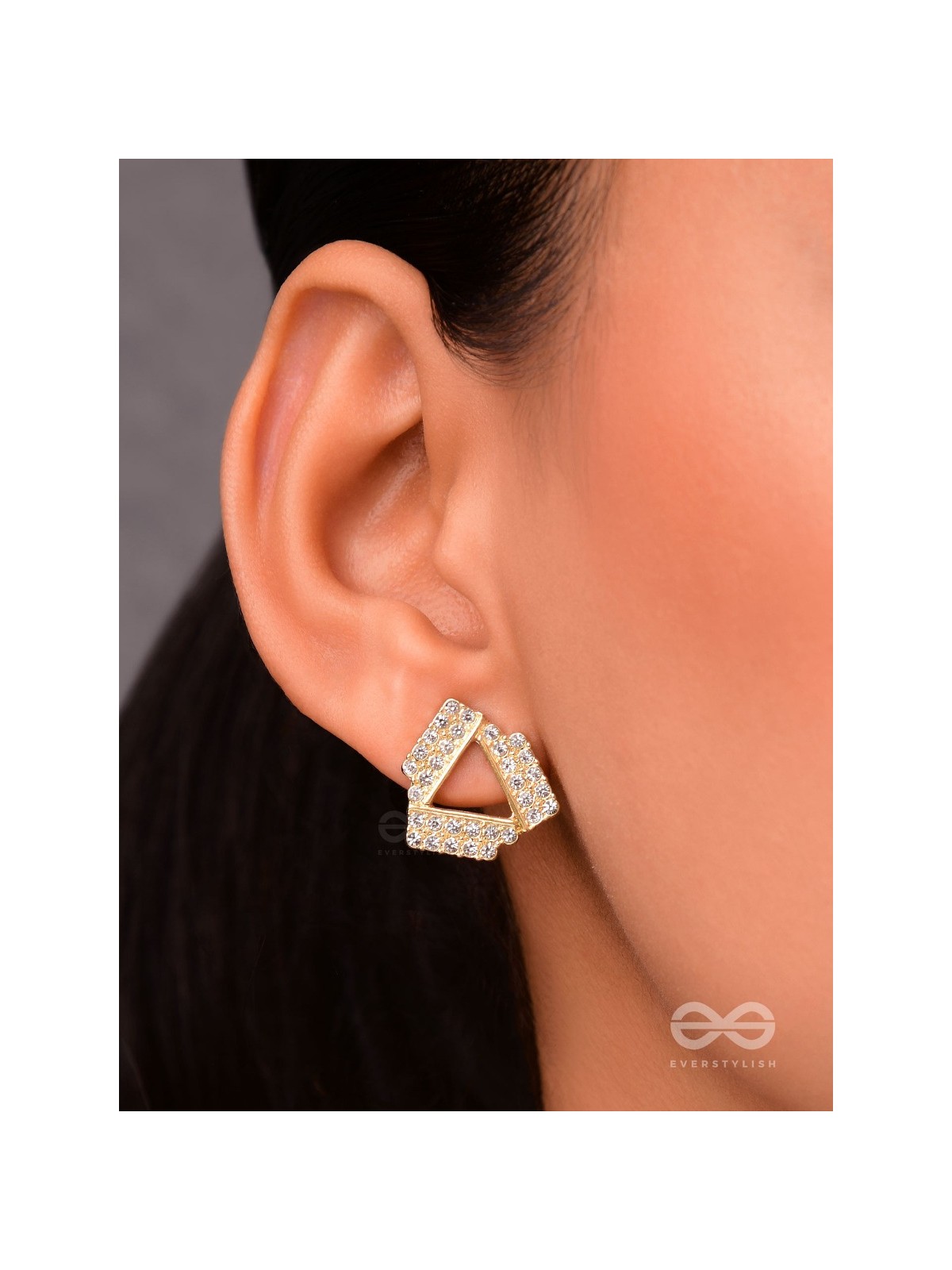 Twisted Triangles- Rhinestones Encrusted Golden Earrings
