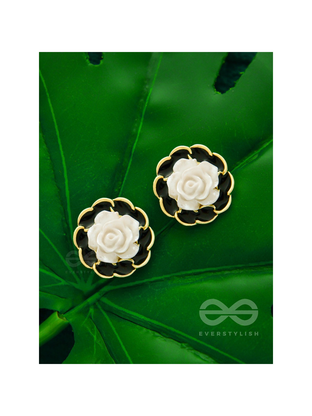 Rosy Dusk- Black and White Enamelled Golden Earrings