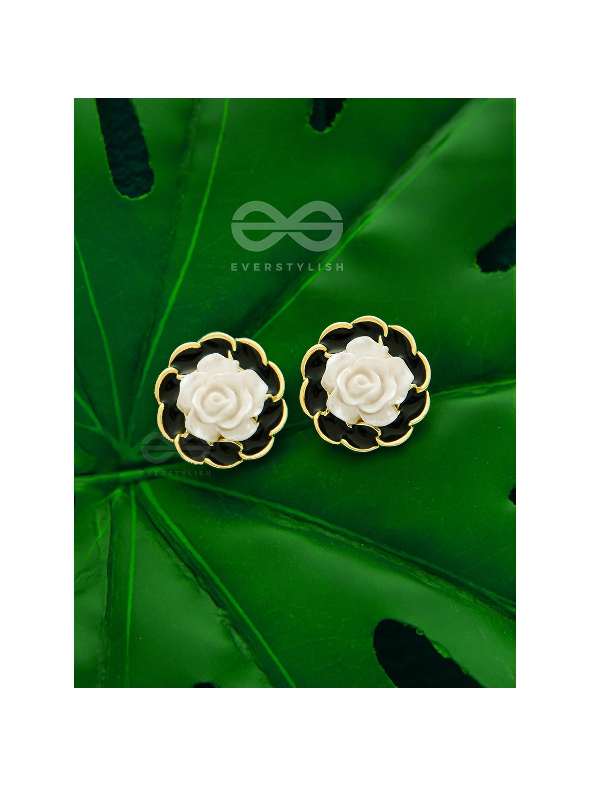 Rosy Dusk- Black and White Enamelled Golden Earrings