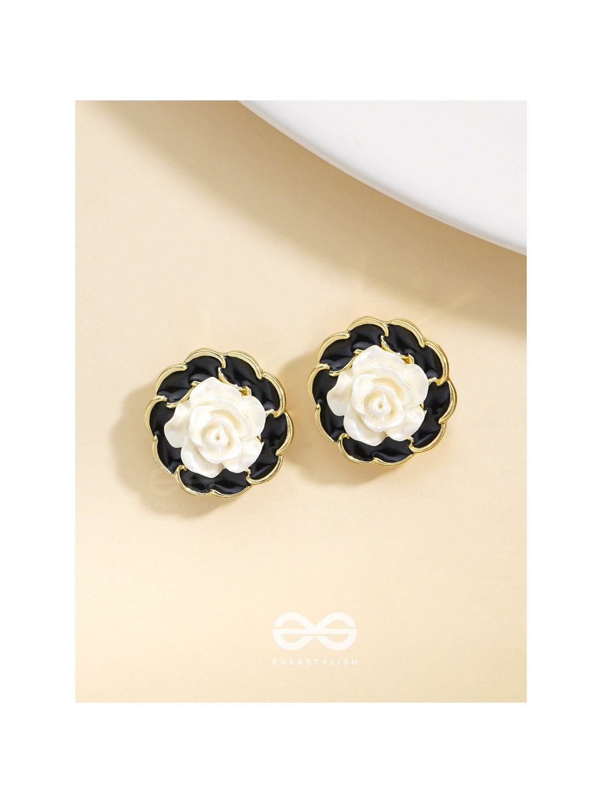 Rosy Dusk- Black and White Enamelled Golden Earrings