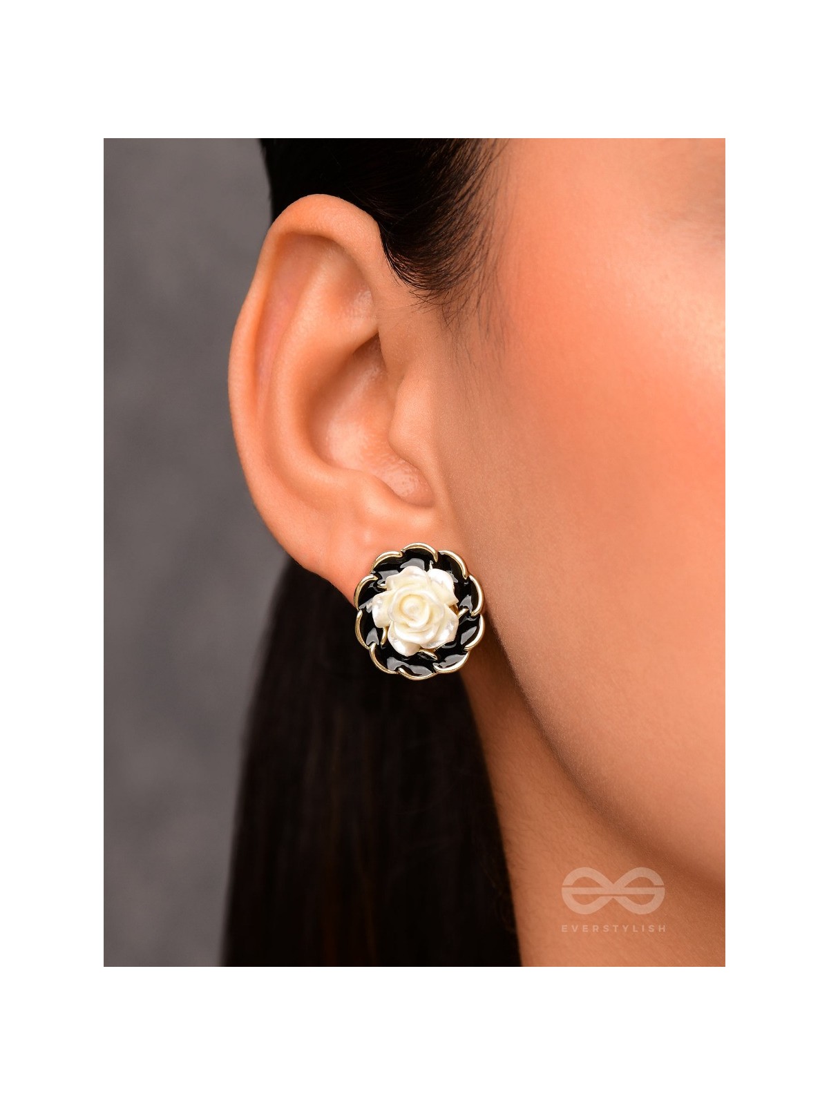 Rosy Dusk- Black and White Enamelled Golden Earrings