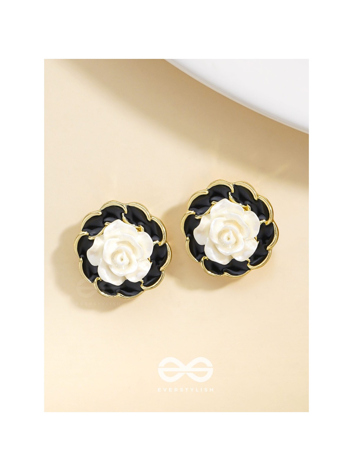 Rosy Dusk- Black and White Enamelled Golden Earrings