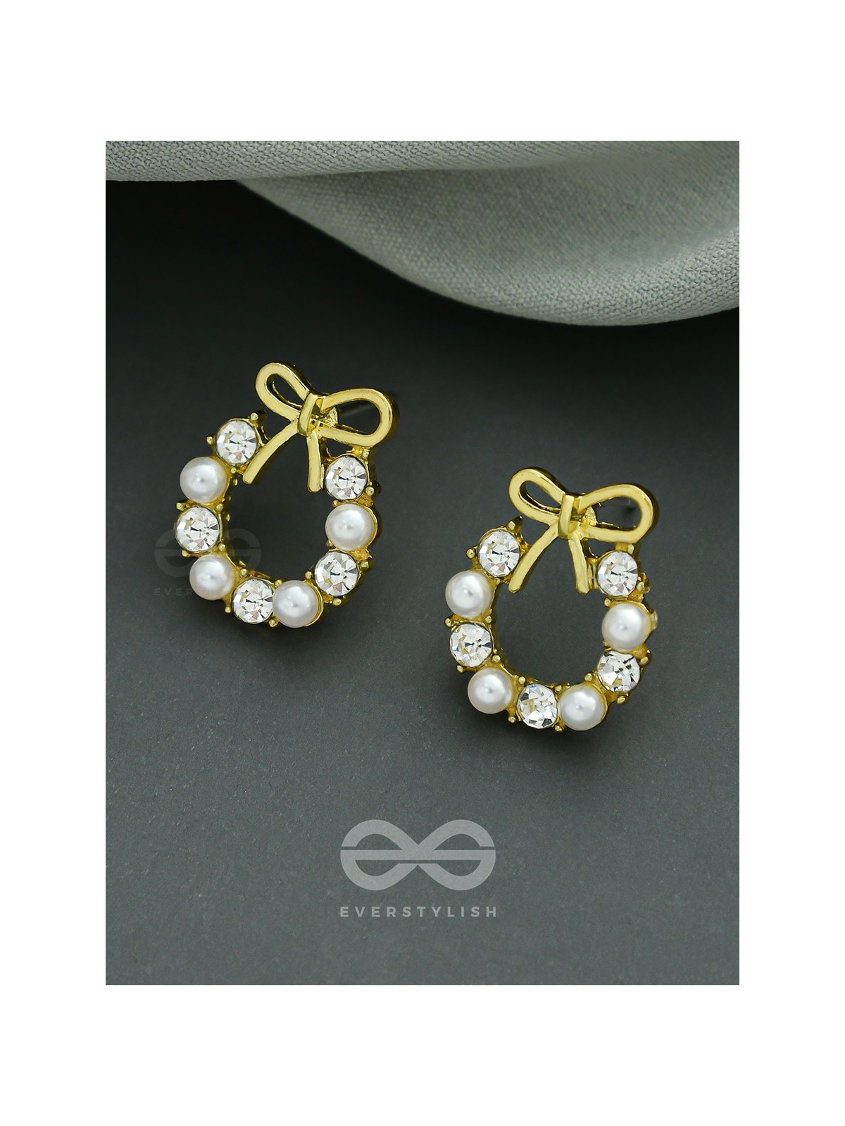 Pearl-fect Bows - Pearl and CZ Stone Studded Golden Earrings