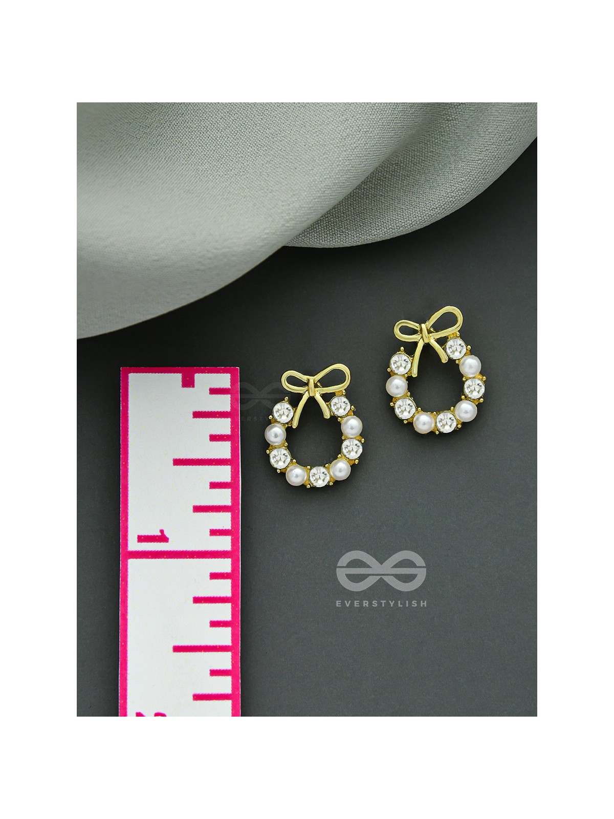 Pearl-fect Bows - Pearl and CZ Stone Studded Golden Earrings