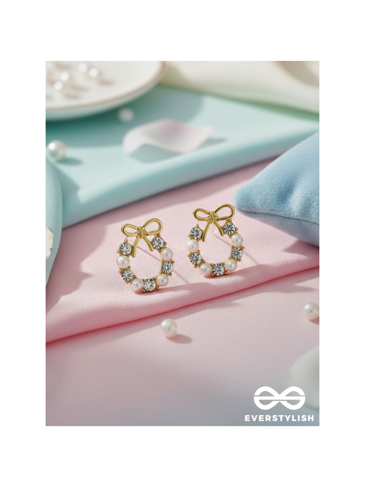Pearl-fect Bows - Pearl and CZ Stone Studded Golden Earrings