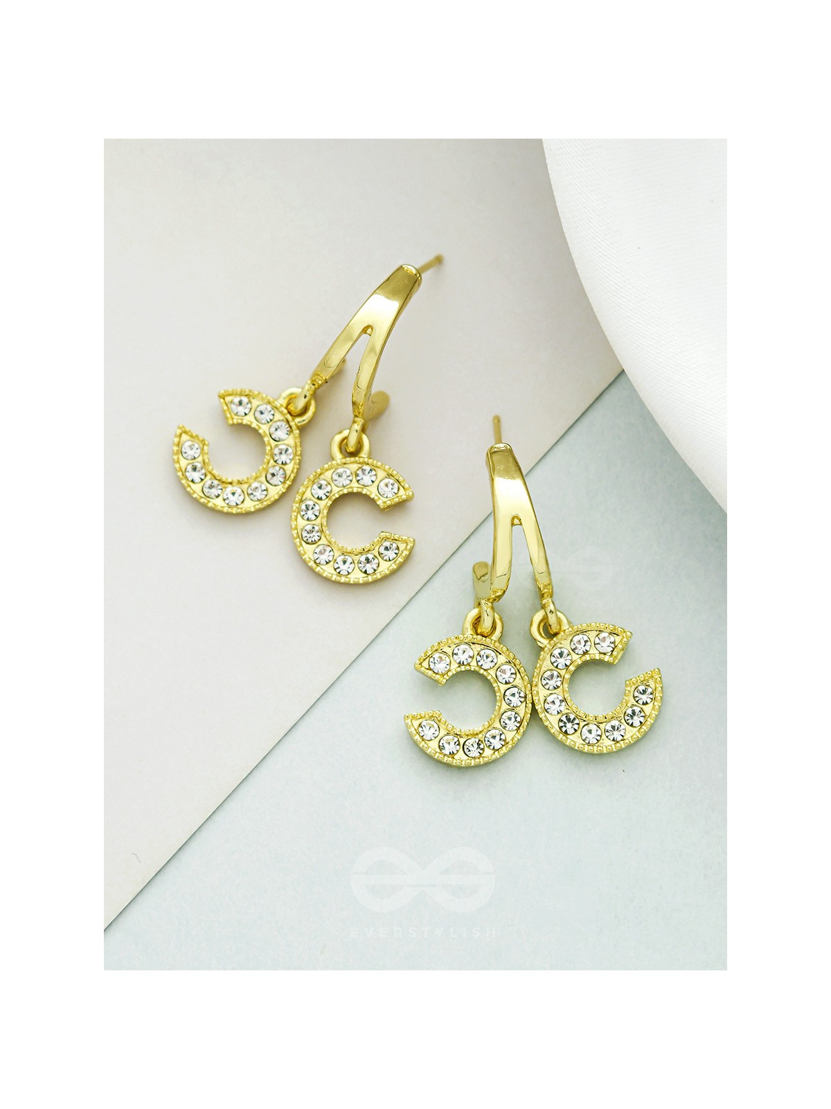 I 'C' You- Rhinestones Encrusted Golden Earrings