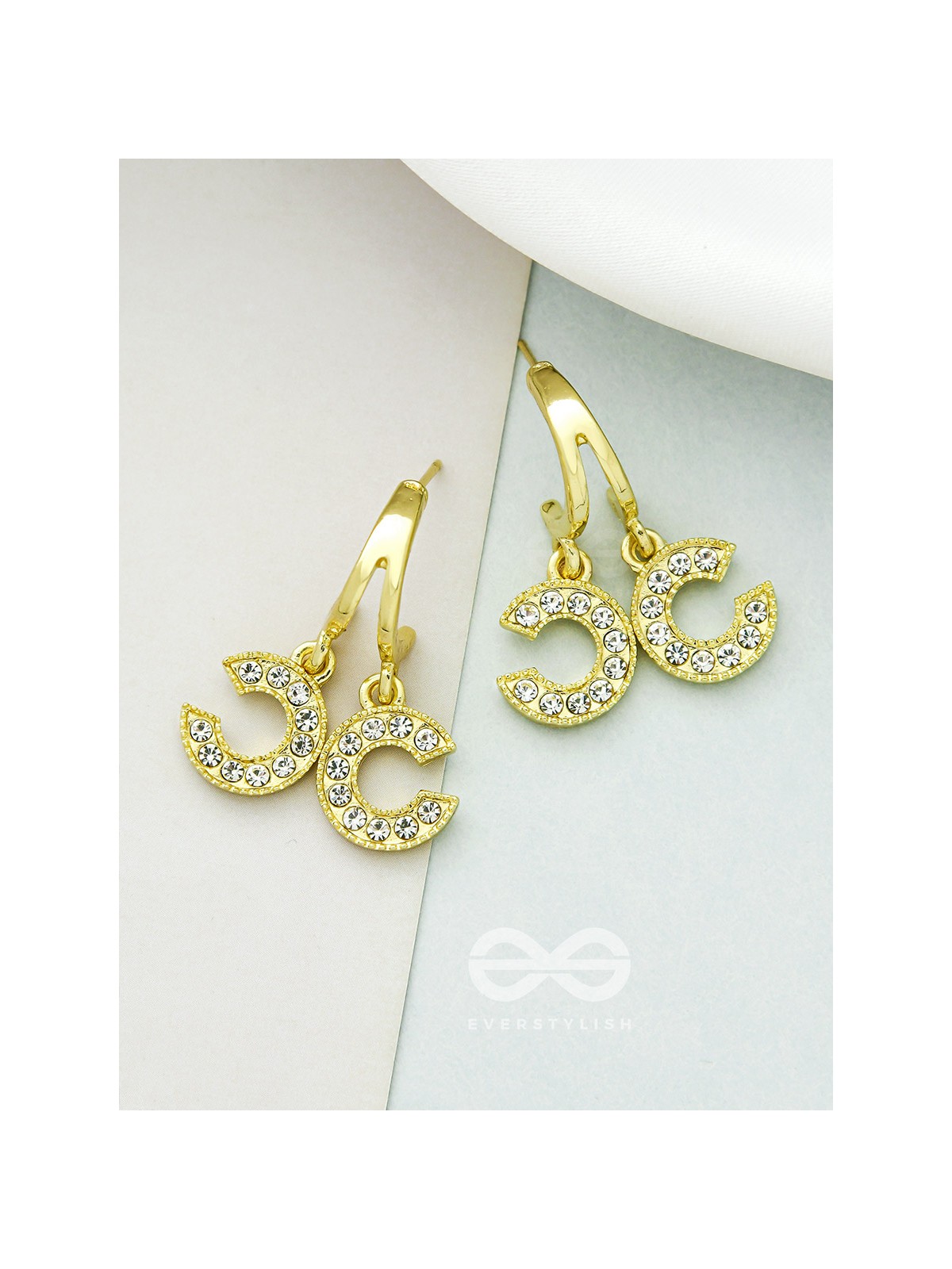 I 'C' You- Rhinestones Encrusted Golden Earrings