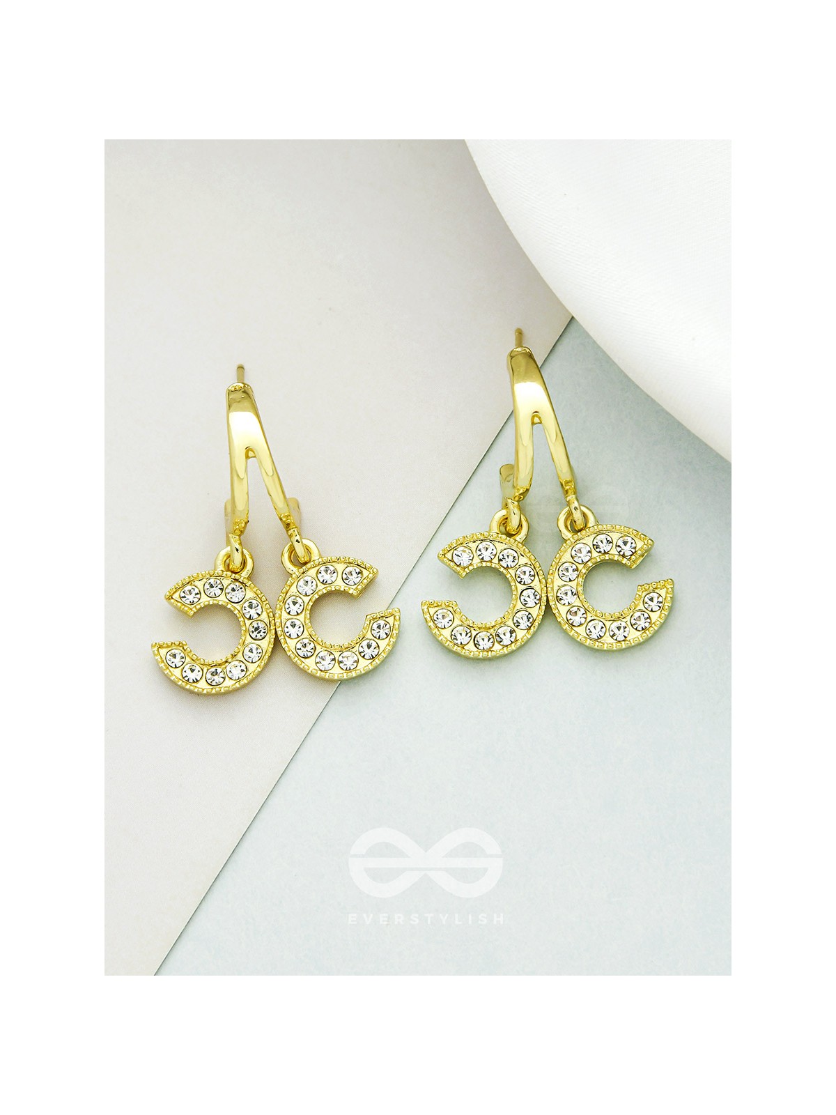 I 'C' You- Rhinestones Encrusted Golden Earrings