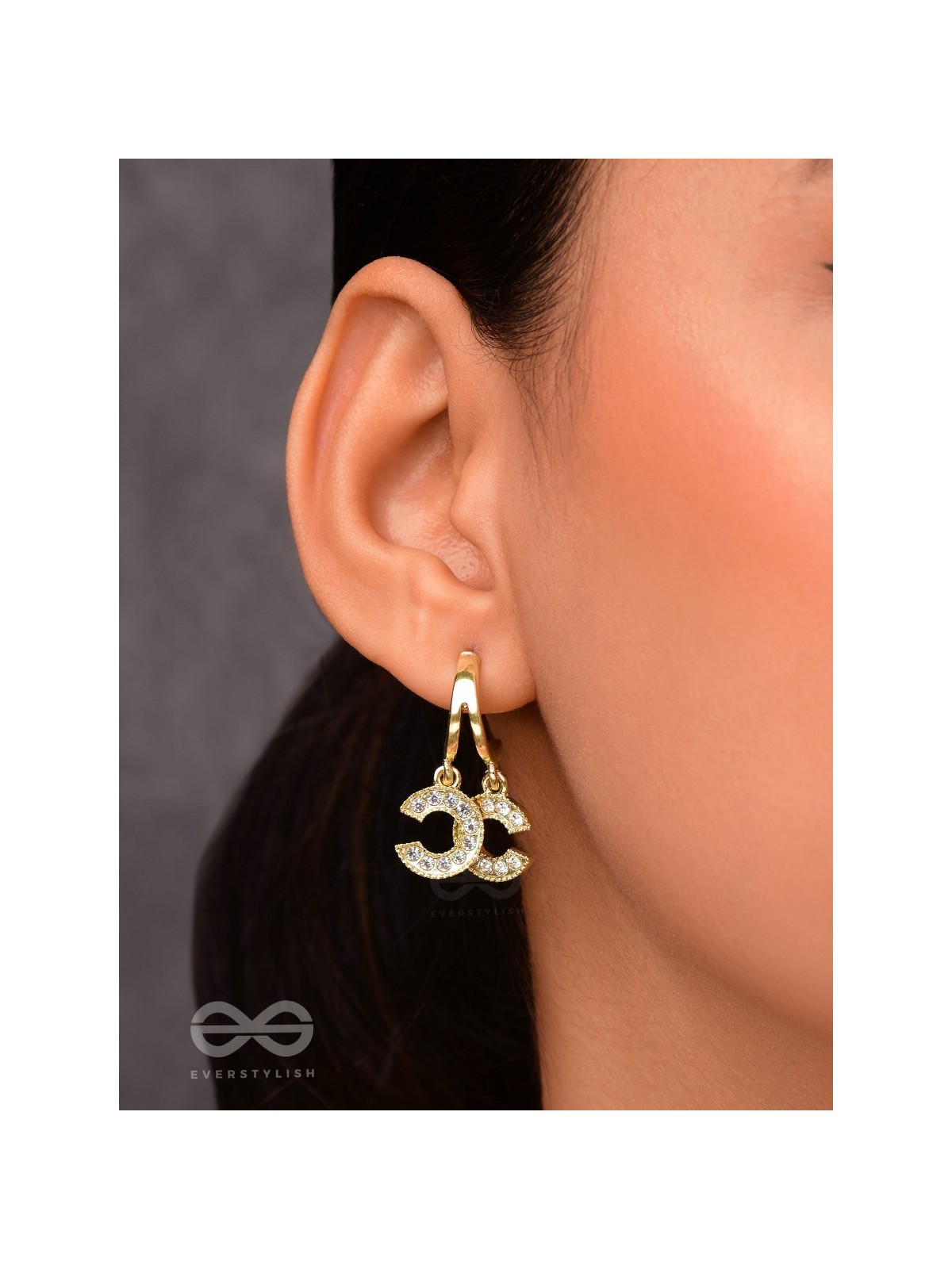 I 'C' You- Rhinestones Encrusted Golden Earrings