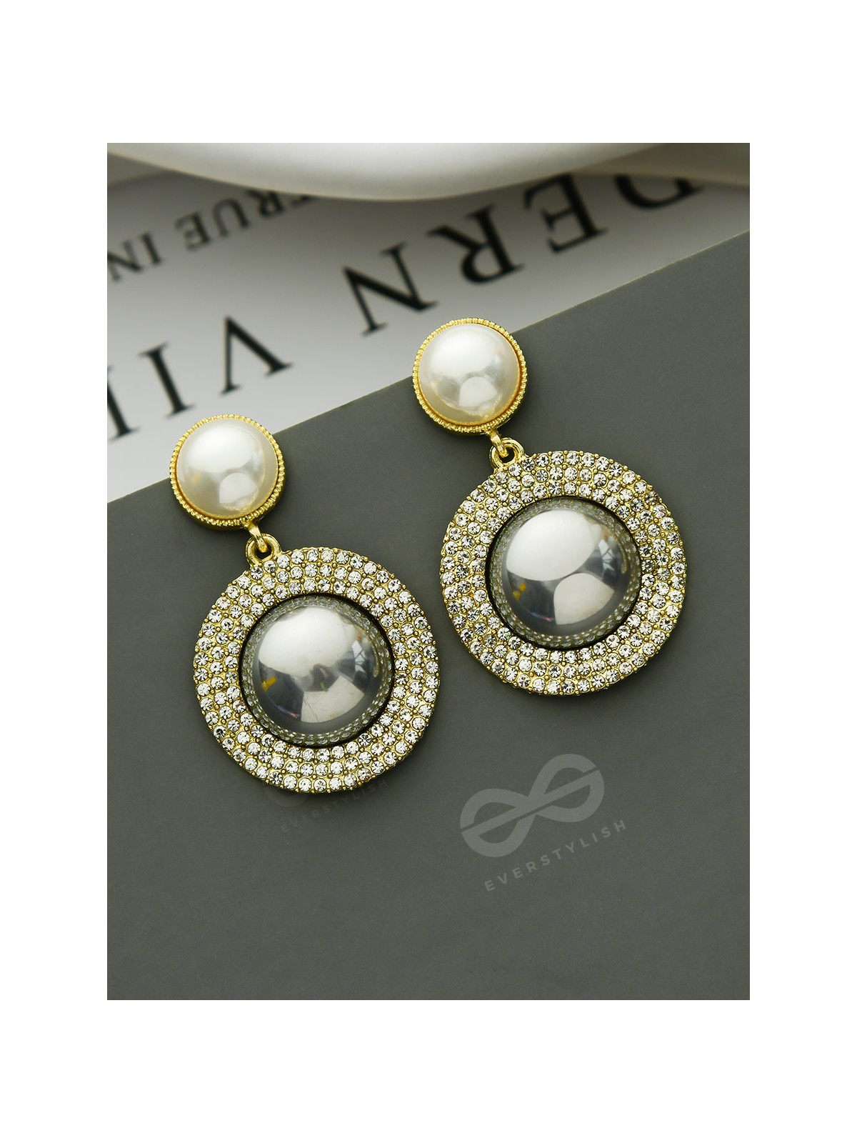 The Ashen Sun- Rhinestones Studded Grey and White Pearl Earrings
