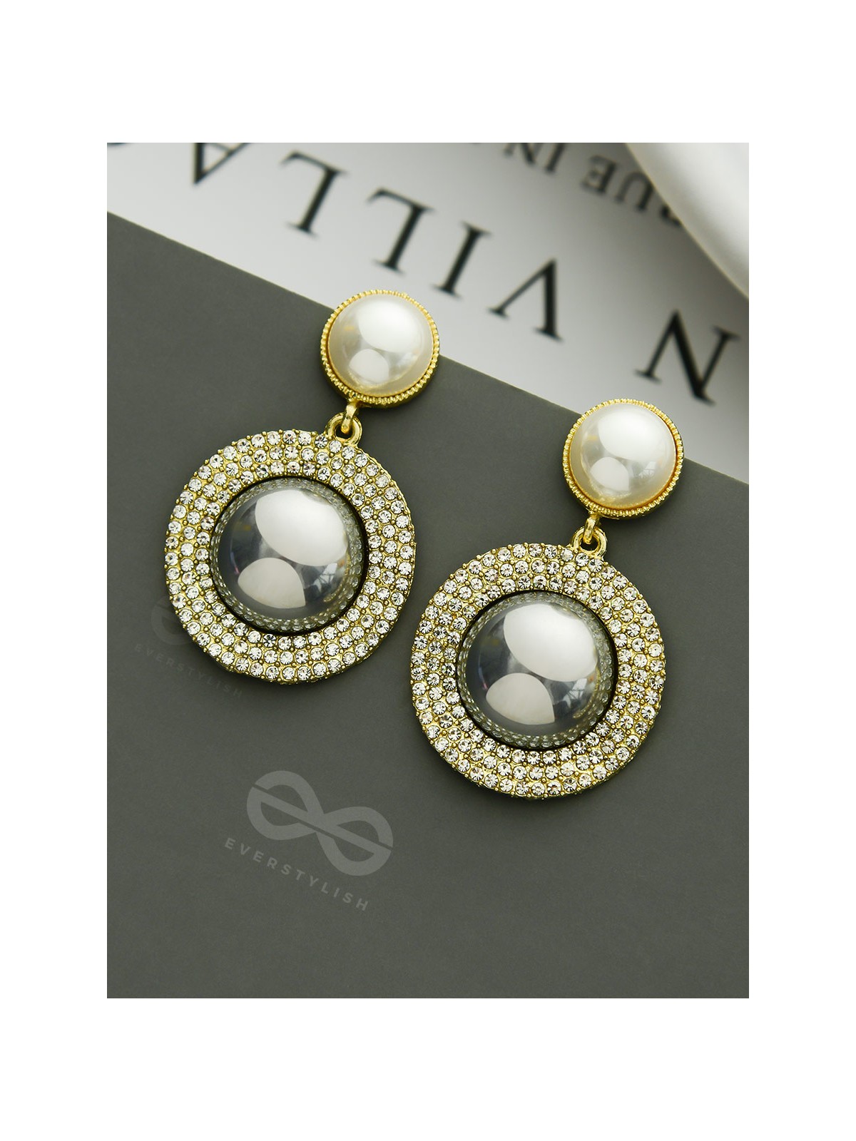 The Ashen Sun- Rhinestones Studded Grey and White Pearl Earrings