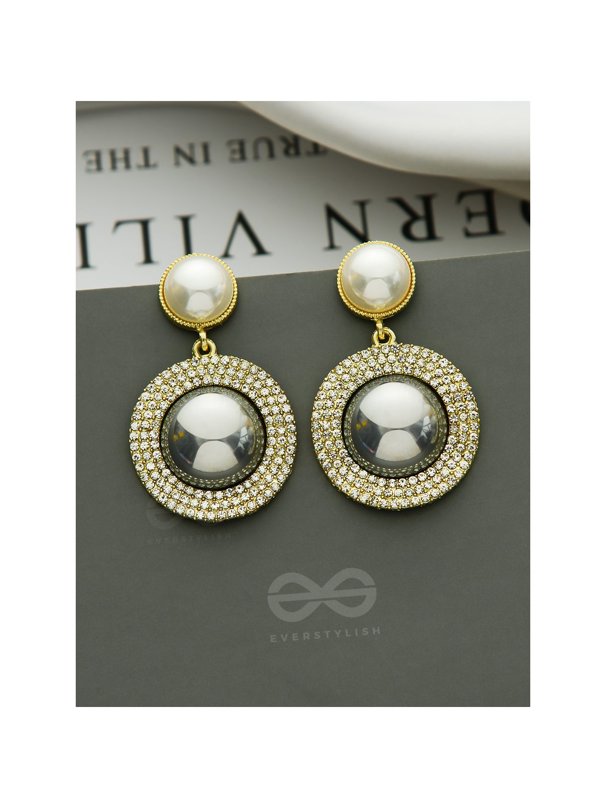 The Ashen Sun- Rhinestones Studded Grey and White Pearl Earrings