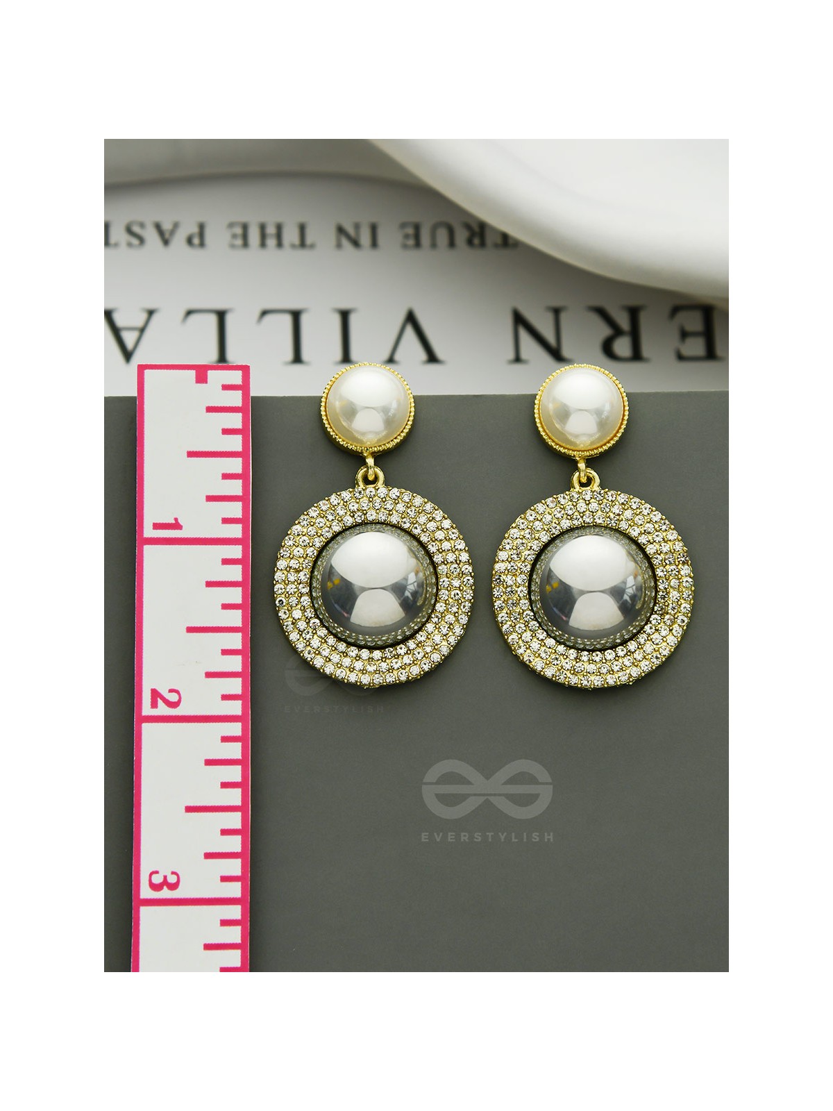 The Ashen Sun- Rhinestones Studded Grey and White Pearl Earrings