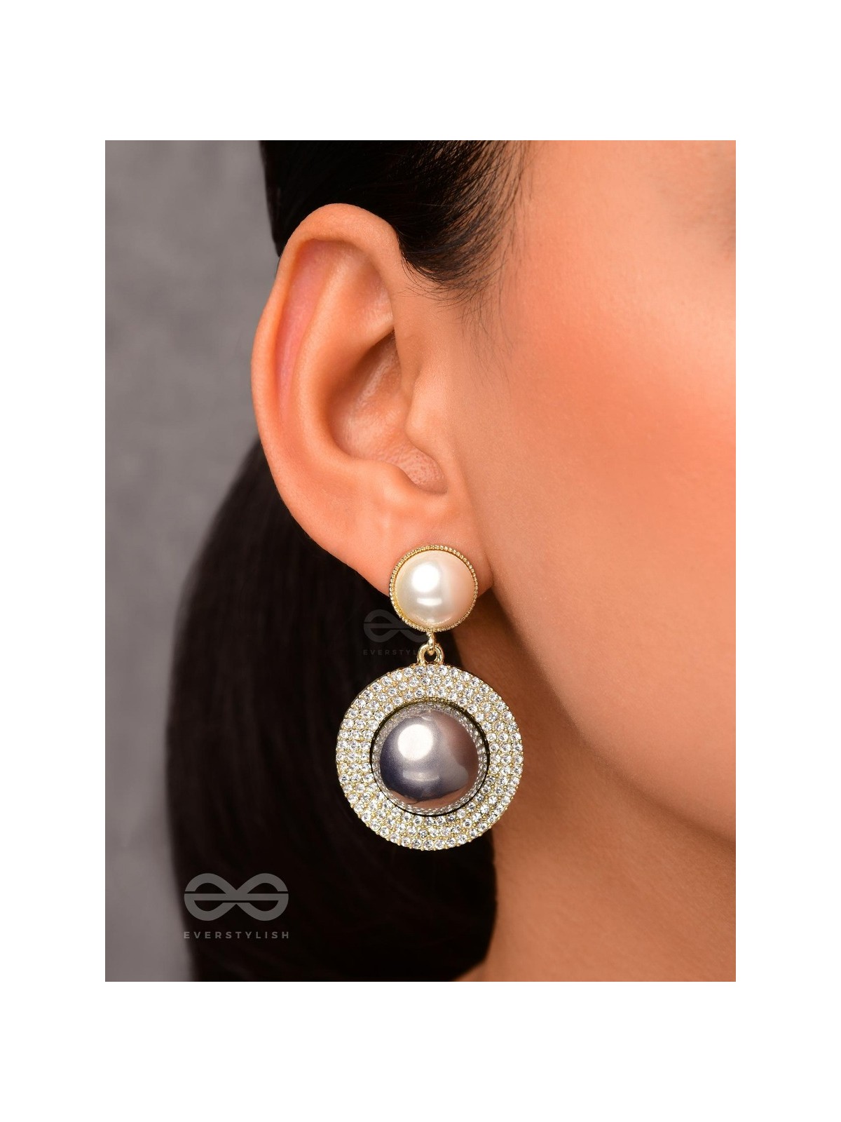 The Ashen Sun- Rhinestones Studded Grey and White Pearl Earrings