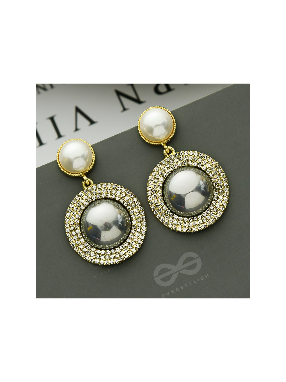 The Ashen Sun- Rhinestones Studded Grey and White Pearl Earrings