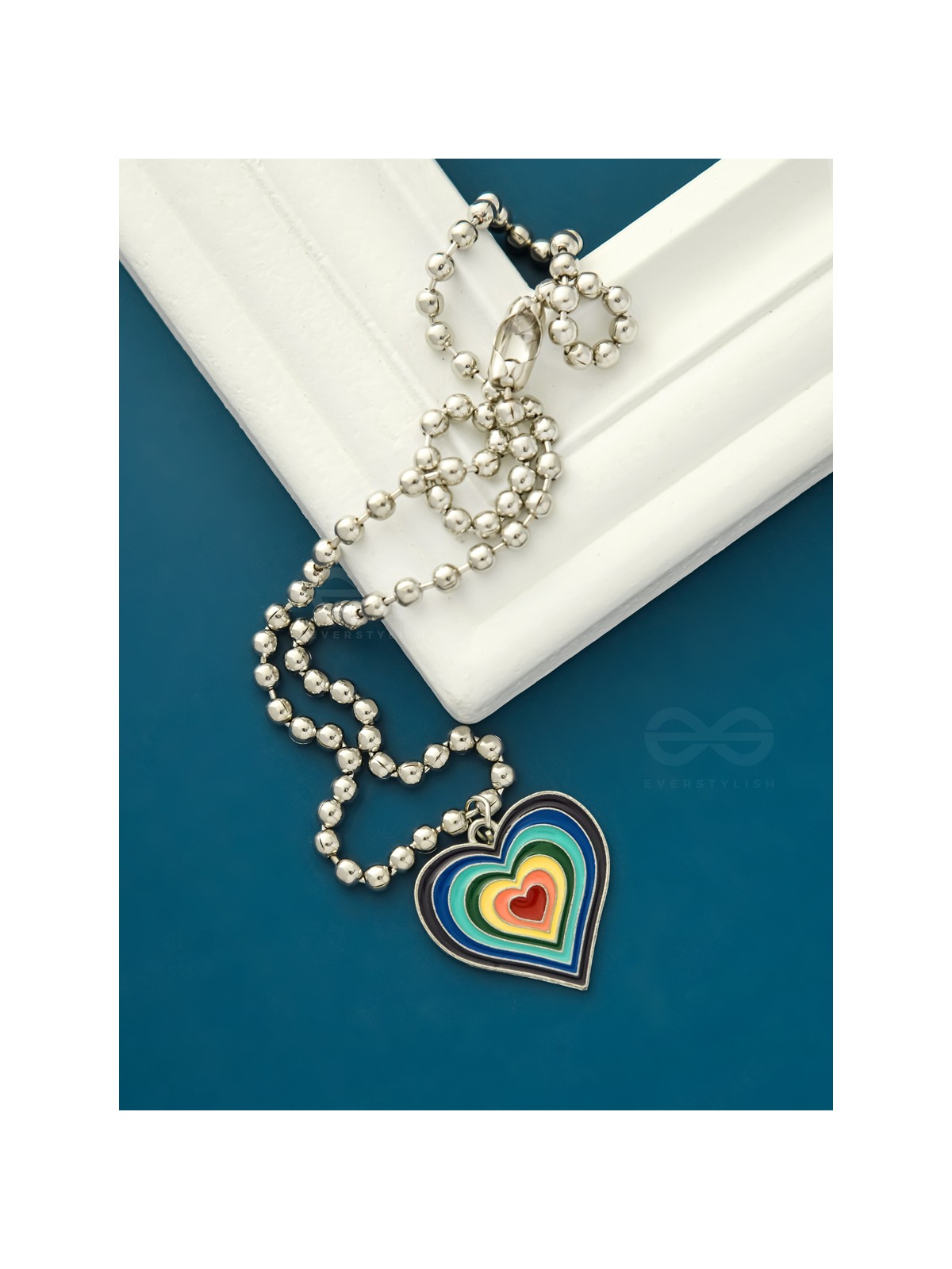 Rainbow-Hued Heart- Multicolored Silver Necklace