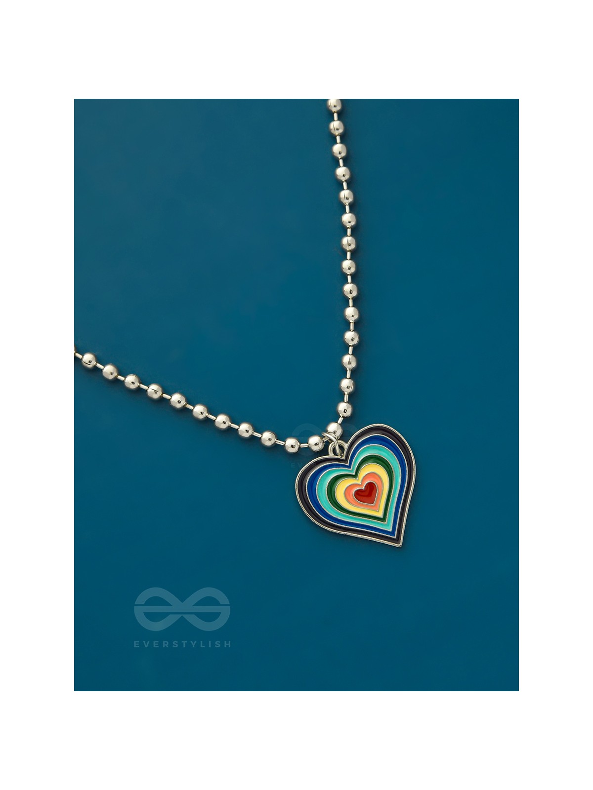 Rainbow-Hued Heart- Multicolored Silver Necklace