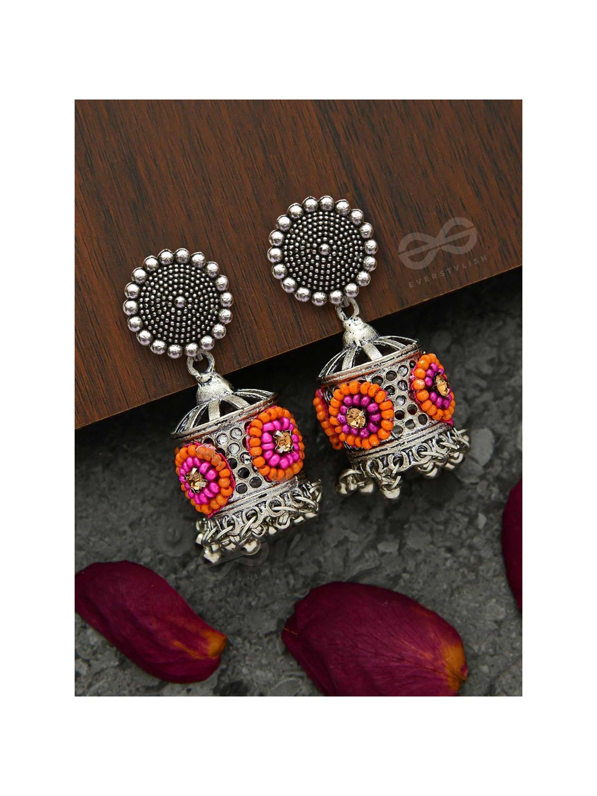 Antique Mystique- Pink and Orange Beads Oxidised Earrings