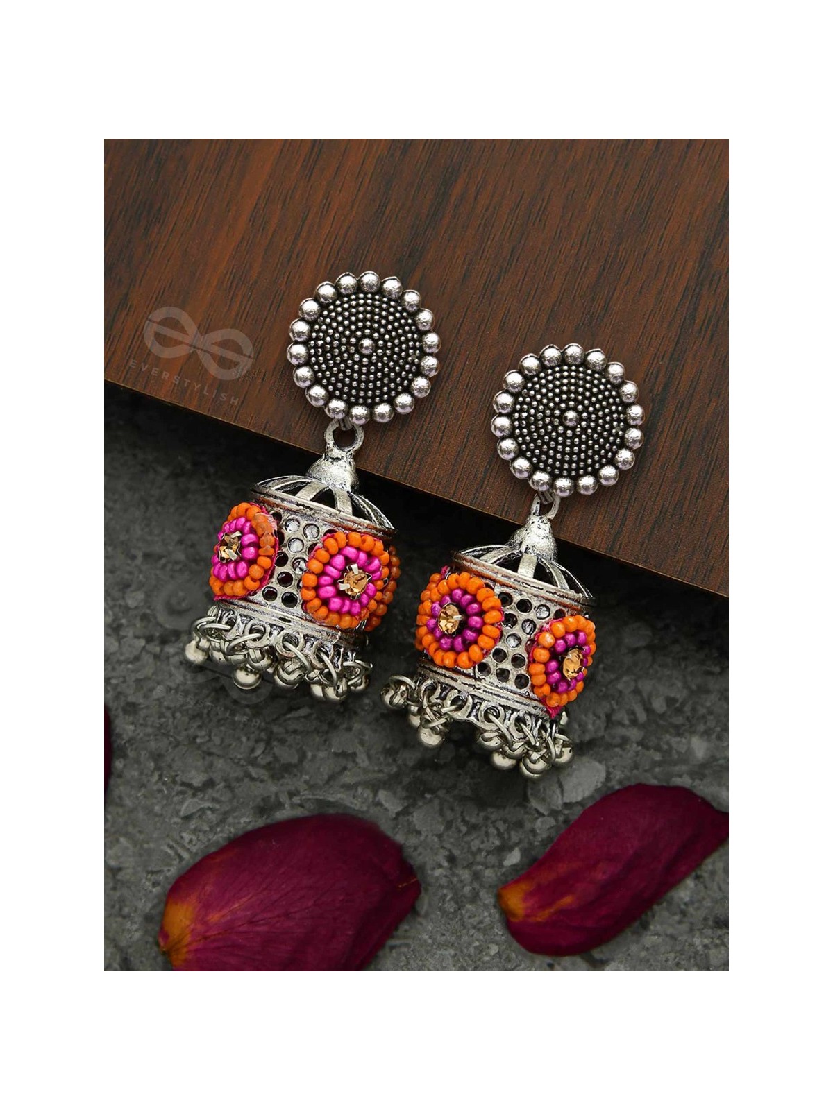 Antique Mystique- Pink and Orange Beads Oxidised Earrings