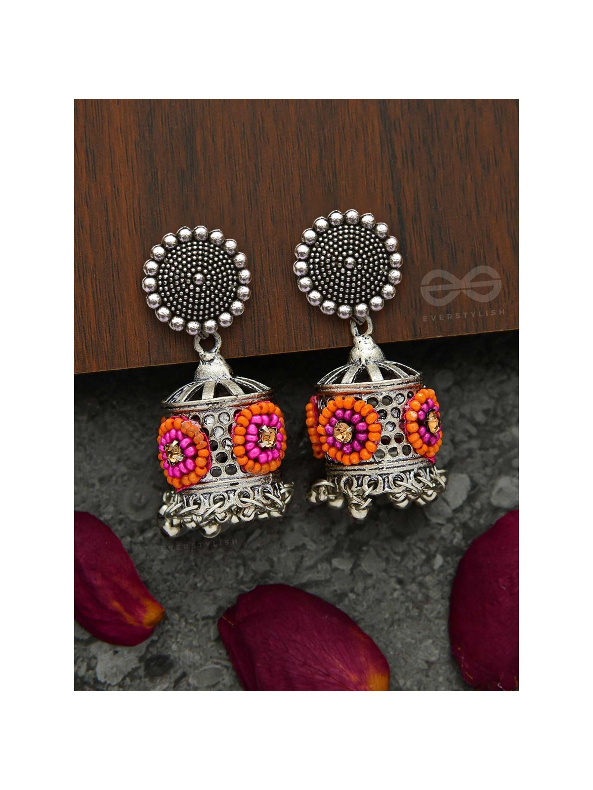 Antique Mystique- Pink and Orange Beads Oxidised Earrings