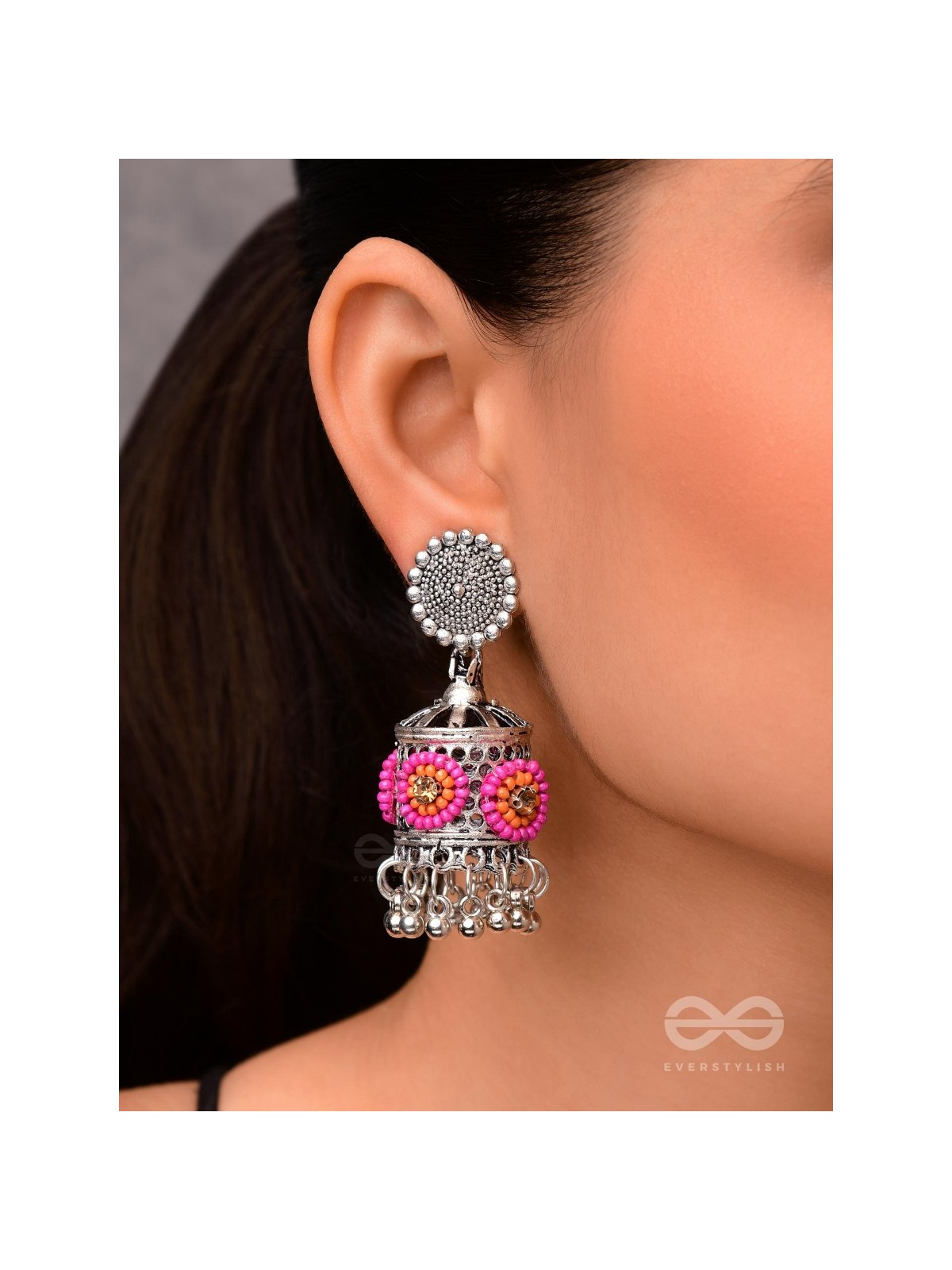 Antique Mystique- Pink and Orange Beads Oxidised Earrings