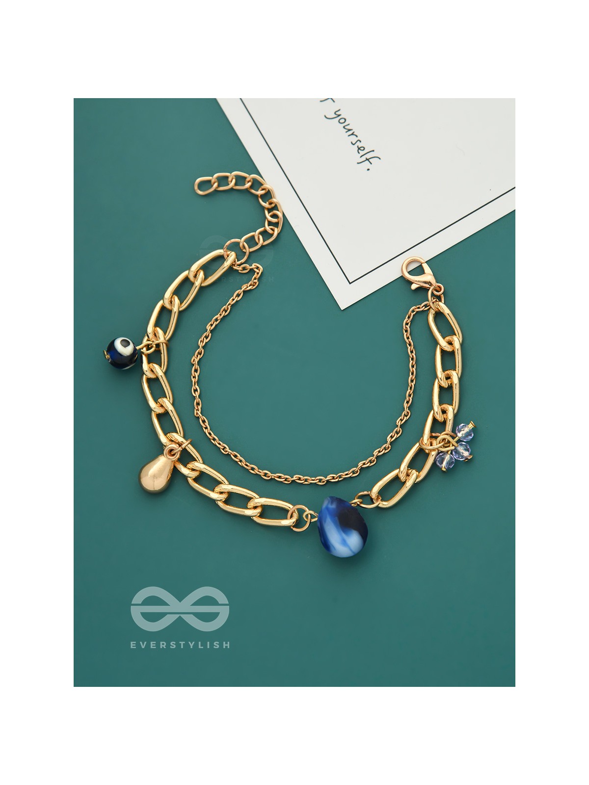 The Indigo Imprint- Evil Eye Stone and Blue Crystals Studded Golden Bracelet