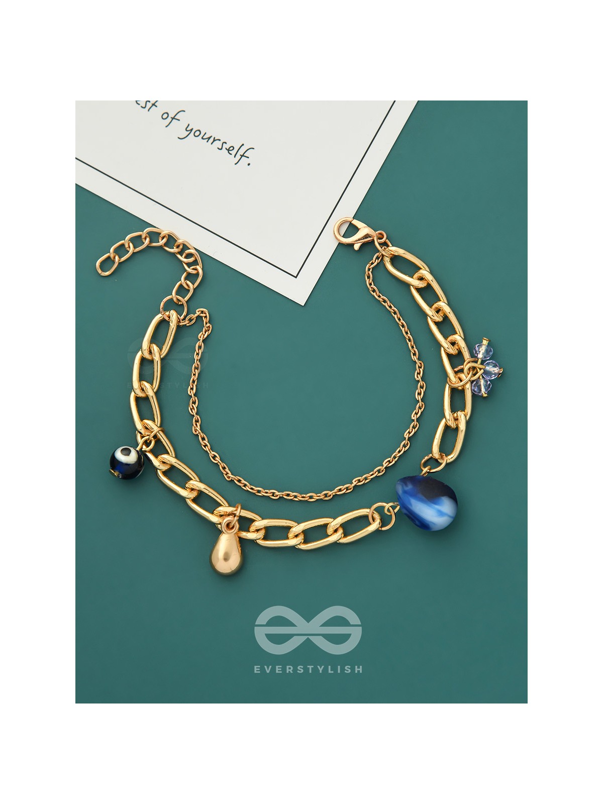 The Indigo Imprint- Evil Eye Stone and Blue Crystals Studded Golden Bracelet