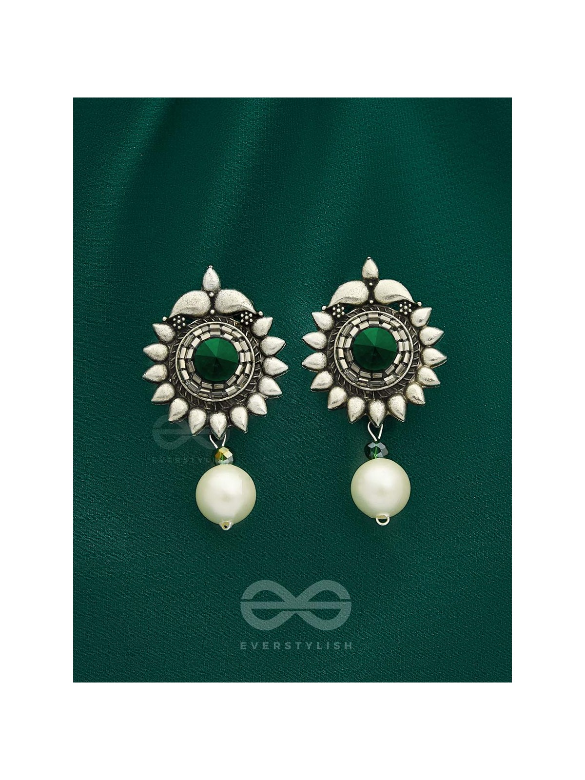 The Emerald Sun- Green Crystal Encrusted Silver Pearl Earrings