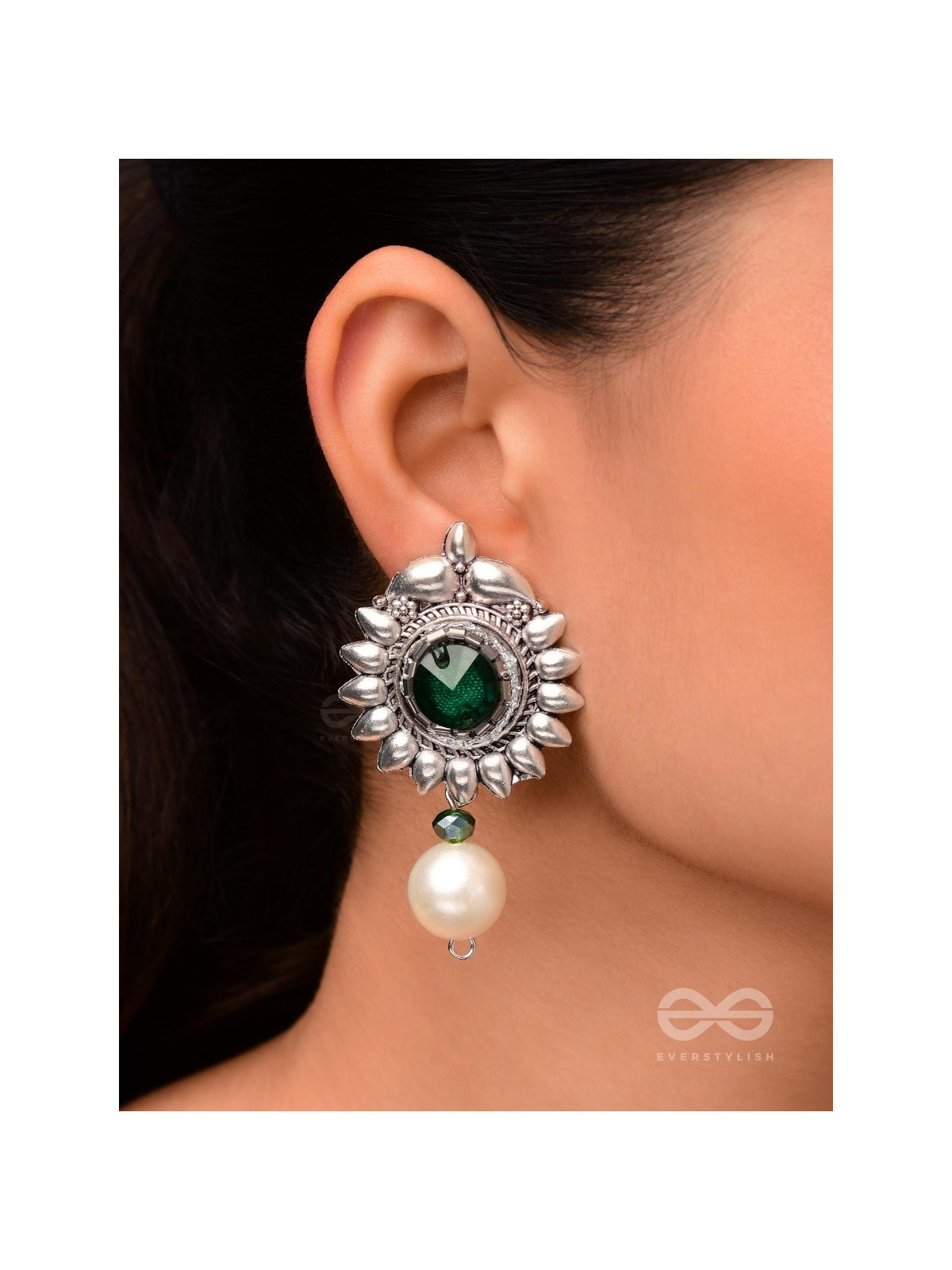 The Emerald Sun- Green Crystal Encrusted Silver Pearl Earrings