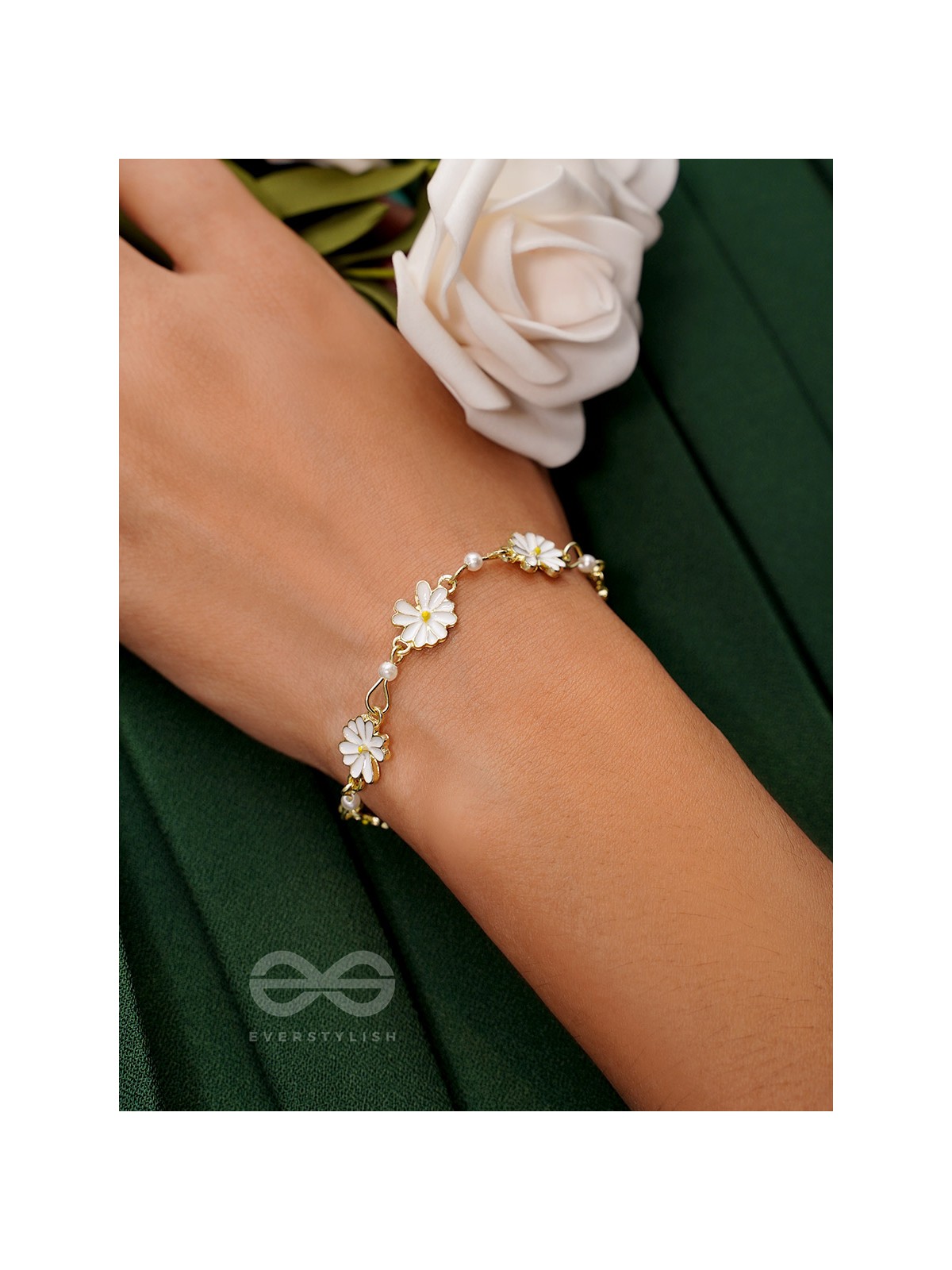 The Valley of Flowers- Enamelled Golden Bracelet (White)