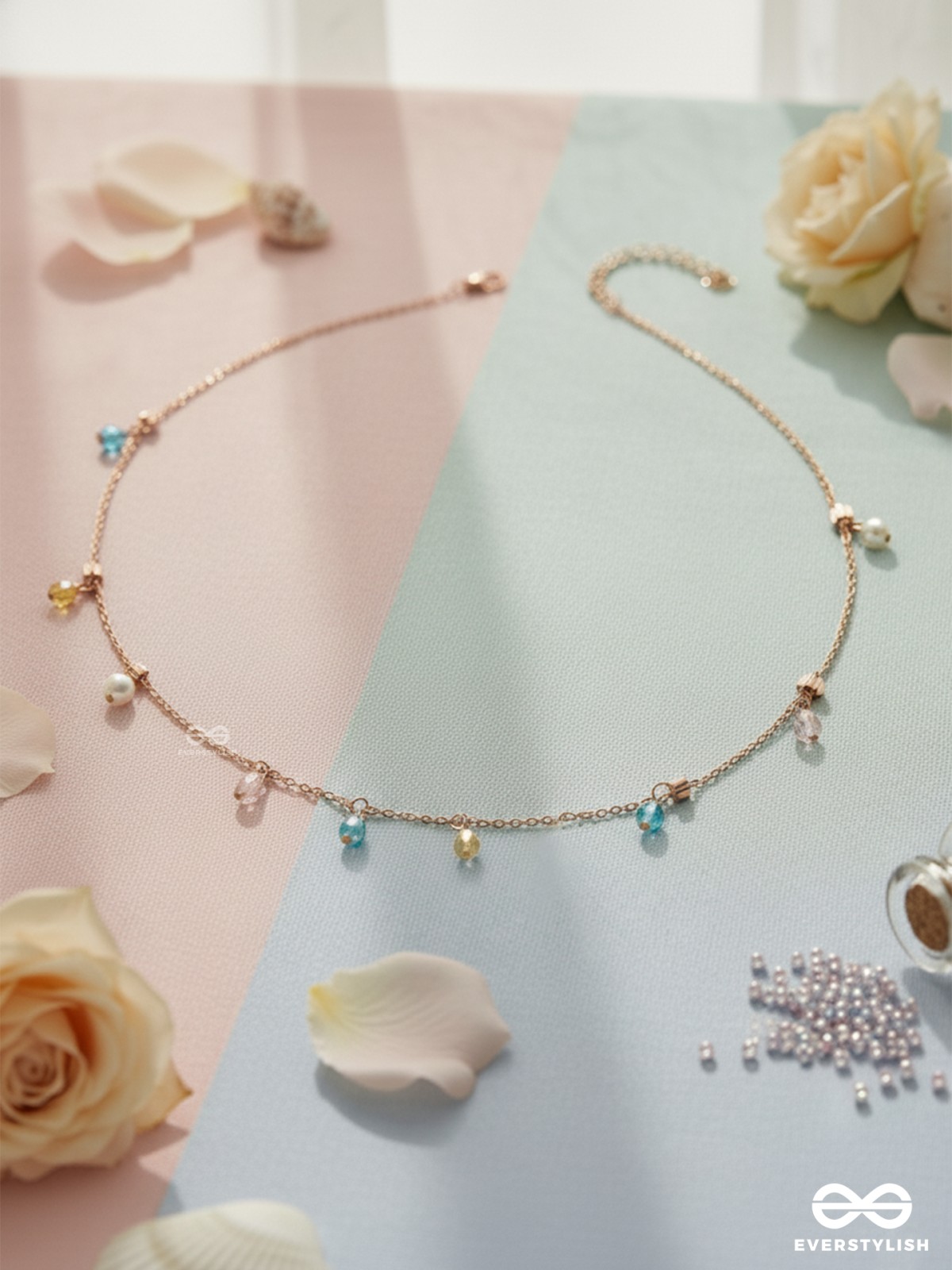 Rain In Paradise- Pearls And Crystals Studded Golden Necklace With Anti-Tarnish Coating