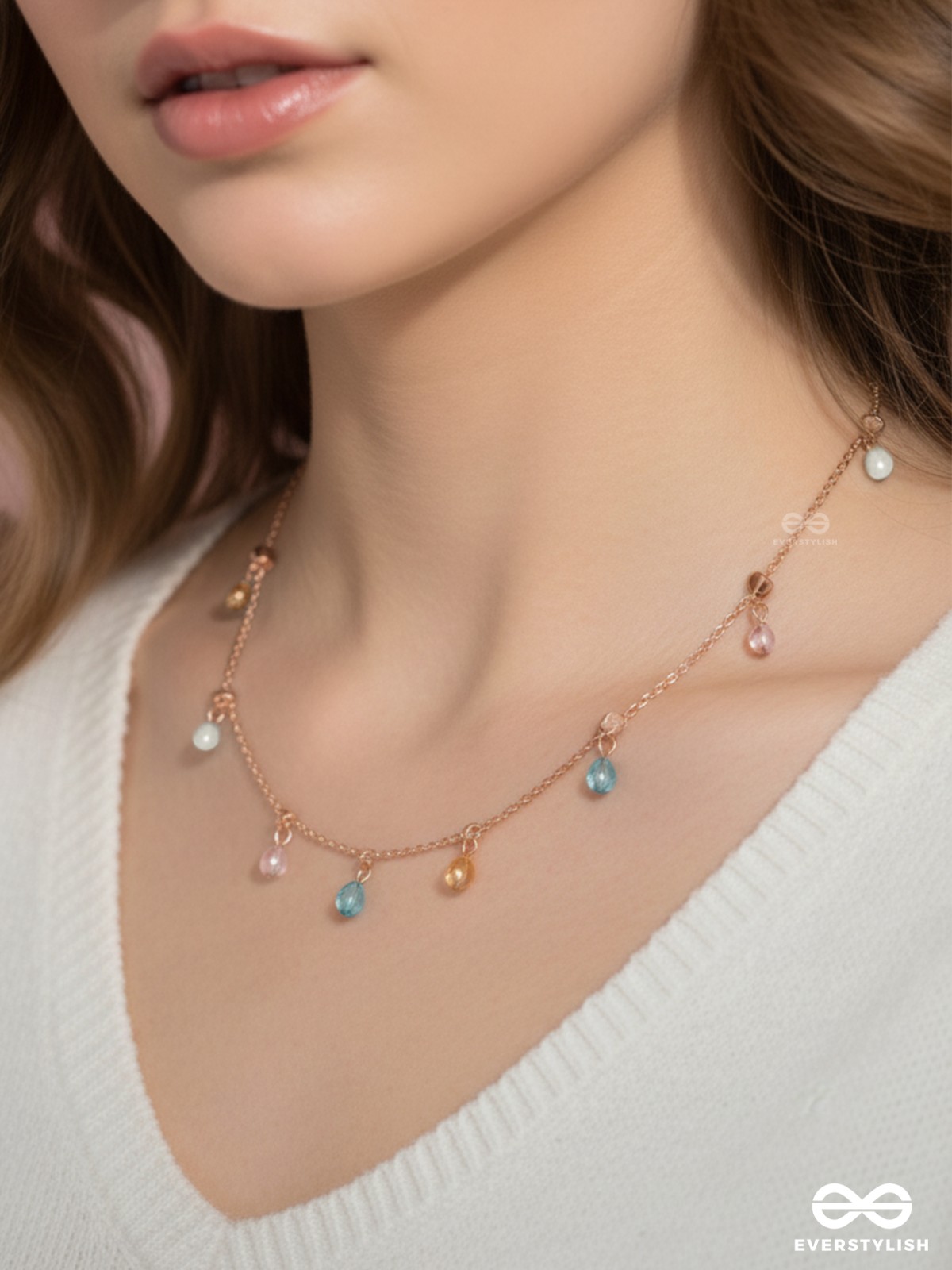 Rain In Paradise- Pearls And Crystals Studded Golden Necklace With Anti-Tarnish Coating