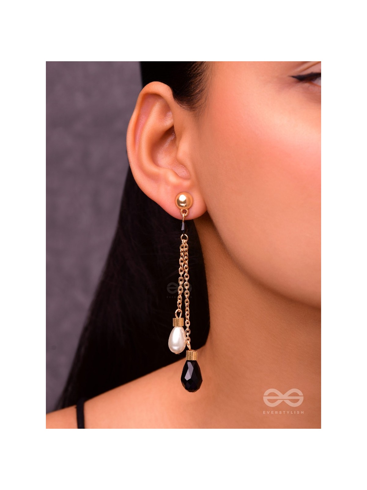 The Foggy Night- Black and White Golden Dangler Earrings
