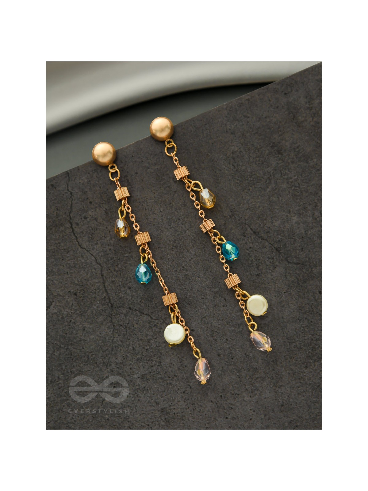The Ice Crystal Trail- Blue Crystal and Pearl Studded Golden Earrings