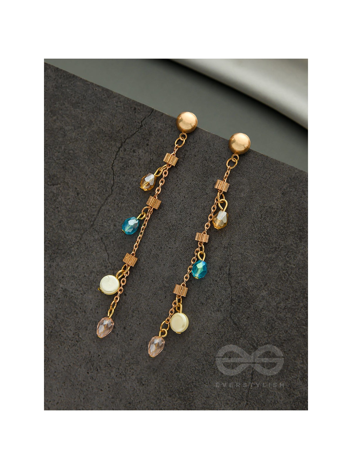The Ice Crystal Trail- Blue Crystal and Pearl Studded Golden Earrings