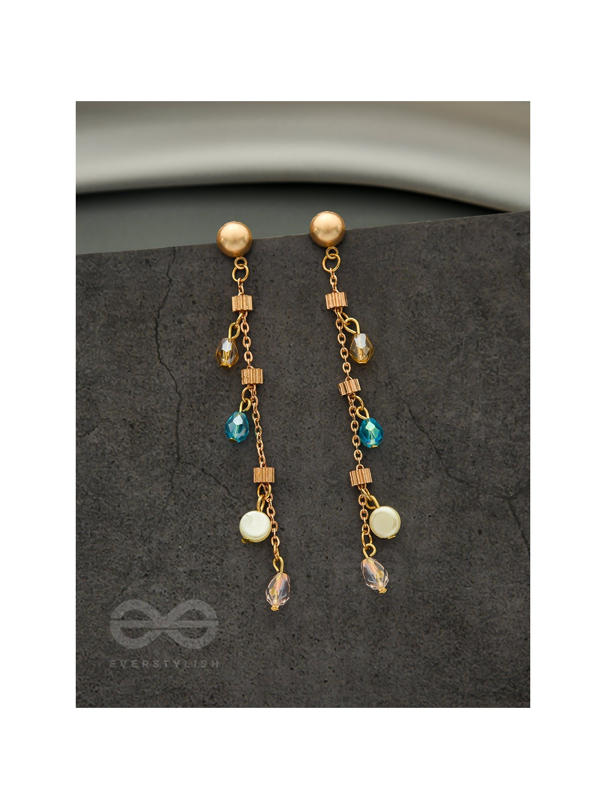 The Ice Crystal Trail- Blue Crystal and Pearl Studded Golden Earrings