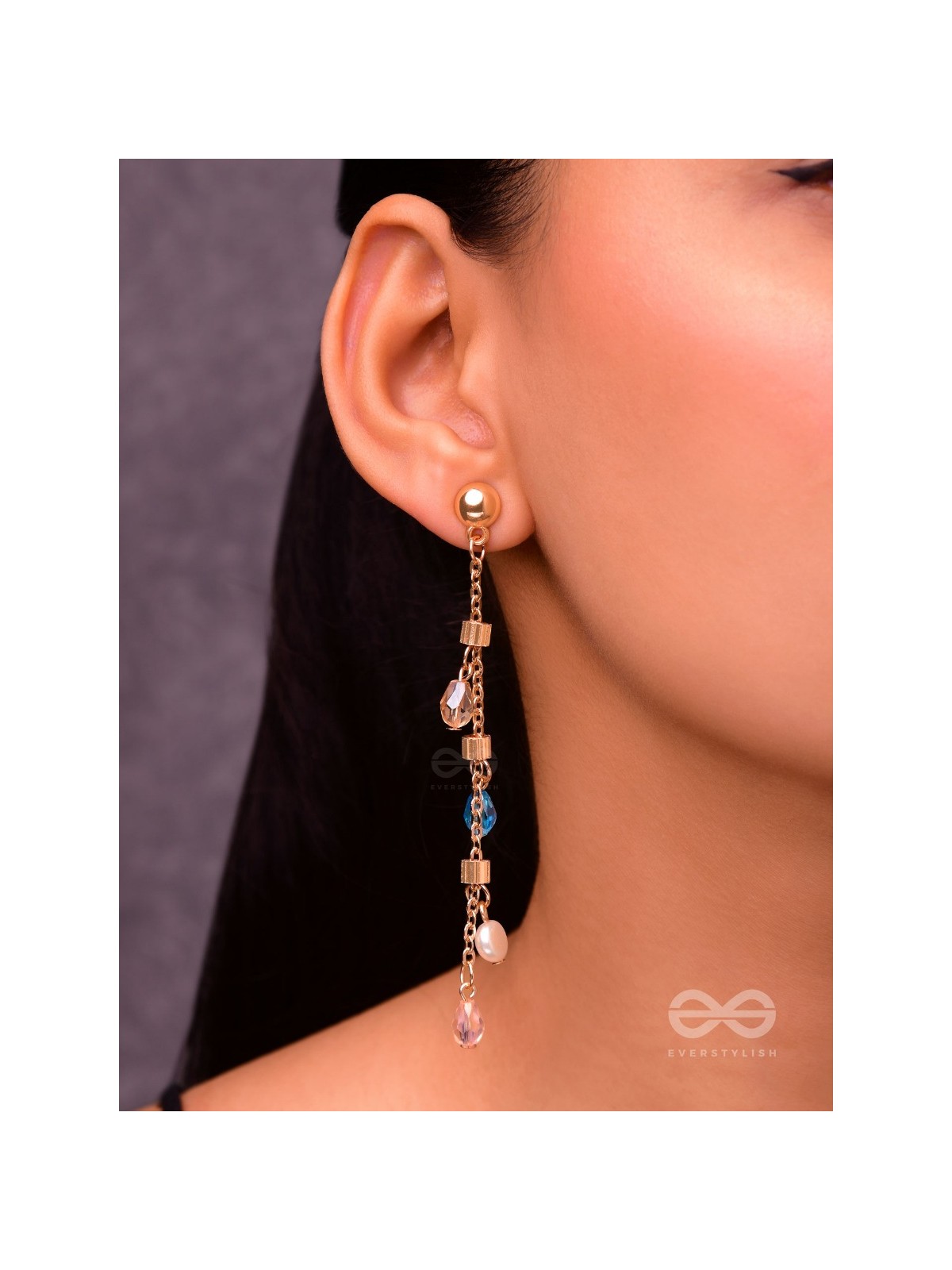The Ice Crystal Trail- Blue Crystal and Pearl Studded Golden Earrings
