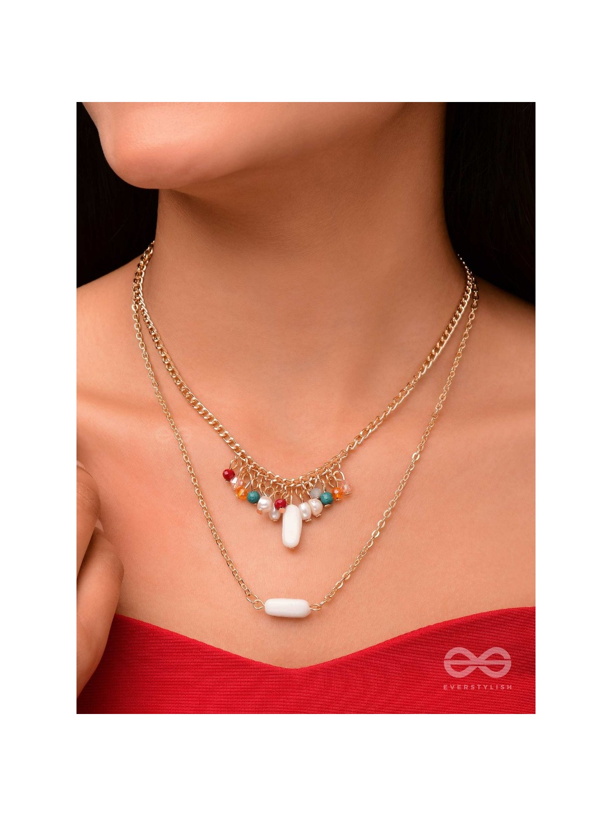 The Interstellar Charm- Pearls And Beads Studded Golden Necklace With Anti-Tarnish Coating 